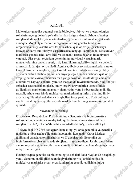 ida foydalanilmoqda. sud-tibbiyot sohasida esa shaxsni aniqlash, jinoiy tergov jarayonlarida isbot sifatida qo‘llanilishi markerlarning amaliy ahamiyatini yana bir bor tasdiqlaydi. shu sababli, ushbu kurs ishida molekulyar markerlarning turlari, ularning ilmiy asoslari, qo‘llanilish sohalari va istiqbollari keng yoritiladi. turli tadqiqot usullari va ilmiy adabiyotlar asosida marker tizimlarining samaradorligi tahlil qilinadi. mavzuning dolzarbligi o‘zbekiston respublikasi prezidentining «genomika va bioinformatika sohasida fundamental va amaliy tadqiqotlar hamda innovatsion ishlarni rivojlantirish bo‘yicha qo‘shimcha chora-tadbirlar to‘g‘risida» 2017 yil 10-fevraldagi pq-2769-son qarori ham so’ngi yillarda genomika va genetika fanlariga e’tibor nechog’liq qaratilayotganini kursatadi. qaror markaz faoliyatini yanada takomillashtirish va o‘zbekistonda genomika va bioinformatika sohasini yanada rivojlantirishga qaratilgan. ushbu qaror bilan zamonaviy uskuna, reagentlar va materiallar sotib olish uchun markazga qator imtiyozlar berilgan. hozirgi vaqtda genetika va biotexnologiya sohalari katta rivojlanish bosqichiga yetdi. genomni tahlil qilish texnologiyalarining rivojlanishi natijasida molekulyar markerlar orqali organizmlarning genetik tuzilishi aniqroq o‘rganilmoqda. molekulyar markerlardan foydalanish fundamental tadqiqotlar va amaliy tadqiqotlar uchun katta ahamiyatga …