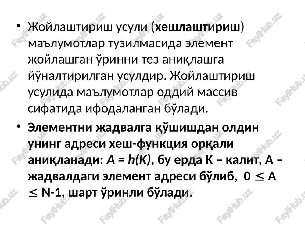 ar joylashishi mumkin emas. bu vaziyat, ya'ni 2 yoki undan ortiq identifikatorlar xesh funktsiyaning bir xil qiymatiga ega bo'lish xodisasi kolliziya deb nomlanadi. kolliziyaning yuzaga kelishi 2 ta xar xil identifikator a1 va a2larning xesh-funktsiya qiymatlari n1 va n2 bir xil (n1=n2) bo'lishi xisoblanadi. kolliziya xolati kolliziya ro'y berishini butunlay oldini oladigan, yaxshi xesh-funktsiyani qurish mumkinmi? aniqki, butunlay kolliziyaga uchramasligi uchun xesh-funktsiyaning xar bir natijaviy qiymati unikal bo'lishi kerak. kolliziya muammosini echish uchun turli usullarni qo'llash mumkin. ulardan biri “rexeshlash” metodi hisoblanadi. bu metodga ko'ra, a element uchun xesh-funktsiya orqali hisoblangan h(a) adresi band bo'lgan yacheykani ko'rsatsa, unda n1=h1(a) funktsiya qiymatini hisoblash zarur va n1 adresga tegishli yacheykani bandligini tekshirish kerak. agar n1 xam band bo'lsa, unda h2(a) qiymat hisoblanadi, shu tariqa bo'sh yacheyka torilguncha yoki hi(a) navbatdagi qiymat h(a) bilan mos kelgunga qadar davom etadi. oxirgi xolatda identifikatorlar jadvali to'lgan va bo'sh joy boshqa yo'q degan xatolik to'g'risida ma'lumot …