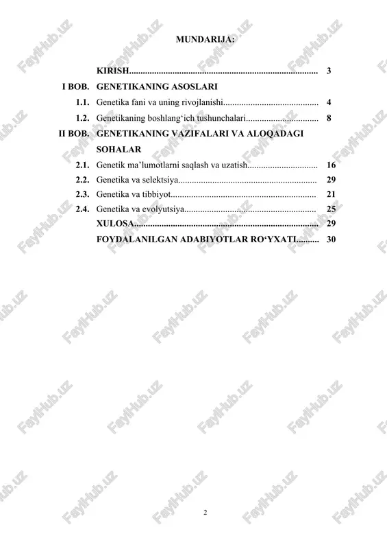 ir. kurs ishining vazifasi: 1. genetika fani va uning tarixini tahlil qilish. 2. genetikaning asosiy tushunchalarini aniqlash, genetik tizimlarning qanday ishlashini tushuntirish. 3. genetika va uning turli sohalardagi amaliy qo‘llanilishini o‘rganish, ayniqsa selektsiya, tibbiyot va evolyutsiyaga ta’sirini ko‘rsatish. 4. mendel qonunlari va ularning genetikada tutgan o‘rnini o‘rganish. 5. genetik ilm-fan va uning hozirgi va kelajakdagi ahamiyatini baholash. bu kurs ishining maqsadi va vazifalari orqali genetikaning qanday qilib ilmiy va amaliy jihatdan rivojlanayotganini va bu faning jamiyatda, iqtisodiyotda va sog‘liqni saqlash tizimida qanchalik muhim rol o‘ynashini ko‘rsatishni maqsad qilgan. kurs ishining tuzilishi: kurs ishi: kirish, 2ta bob, 6 ta band, xulosa va foydalanilgan adabiyotlar ro‘yxatidan iborat. i bob. genetikaning asoslari 1.1. genetika fani va uning rivojlanishi genetika — bu hayotdagi barcha organizmlar, shu jumladan insonlar, o‘simliklar va hayvonlar o‘rtasidagi irsiyat qonuniyatlarini o‘rganuvchi biologiya sohasidir. bu fan, organizmlarning xususiyatlarini va ularning genetik materiallarini qanday meros qilib olishini, genetik ma'lumotlarning qanday uzatilishini va …