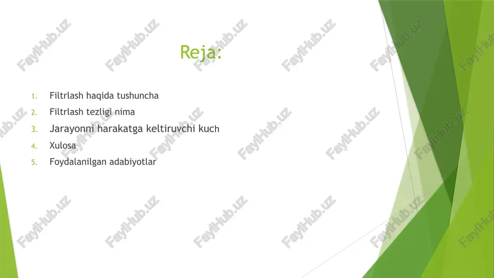 ion filtratsiya) vakuum orqali (vakuumli filtratsiya) nasoslar orqali bosim berish (bosimli filtratsiya) markazdan qochma kuchlar yordamida (sentrifugal filtratsiya) darcining qonuni (ideal filtratsiya holatida) darcining qonuni filtrlash jarayonini ifodalash uchun ishlatiladi: bu yerda: q — o‘tkazilayotgan suyuqlik hajmi (m³/s) k — filtr materiali o‘tkazuvchanlik koeffitsiyenti a — filtr yuzasi (m²) δp — bosim farqi (pa) μ — suyuqlikning viskozligi (pa·s) l — filtr materiali qalinligi (m) xulosa qurilishda filtrlash — texnologik jarayonlarda toza suv olish, beton aralashmalarini tayyorlash va suvni ajratish tizimlarida qo‘llaniladi. filtrlash tezligi filtrdan o‘tadigan suyuqlik miqdorini belgilaydi va unga bosim farqi, filtr materiali va suyuqlikning xossalari ta’sir qiladi. jarayonni harakatga keltiruvchi asosiy kuch bu — bosim farqi bo‘lib, u suyuqlikni filtrlovchi qatlamdan o‘tkazadi. qurilishdagi filtr qurilmalarida: tezlik va samaradorlik muhim, filtr materiali to‘g‘ri tanlanishi lozim, bosim va cho‘kma qatlami doimiy nazorat qilinadi. shu omillarni hisobga olib loyihalashtirilgan filtrlash tizimi qurilish ishlarida sifat va xavfsizlikni ta’minlaydi. foydalanilgan adabiyotlar https://uz.saifilter.com/types-of-filtration-techniques …