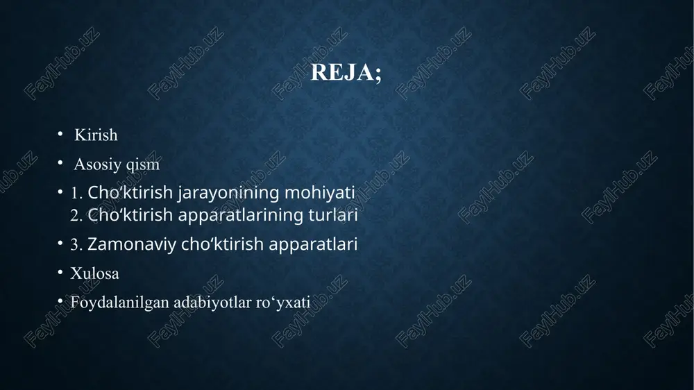 gan suyuqlik esa yuqoriga chiqadi. afzalliklari: kamchiliklari: kompakt o‘lchamda samarali ishlaydi tez-tez tozalash talab qiladi yuqori samaradorlik qiyin parvarish qayta aylanma cho‘ktirgichlar qayta aylanma cho‘ktirgichlar – bu apparatlar cho‘kkan loyning bir qismini yana tizimga qaytarib, cho‘ktirish jarayonini yaxshilash uchun ishlatiladi. ular asosan biologik tozalash stansiyalarida qo‘llaniladi. xususiyatlari: loy doimiy aylanishda bo‘lib, faol muhit yaratadi. tozalash darajasi yuqori bo‘ladi. mikroorganizmlar faoliyati kuchayadi. siklon cho‘ktirgichlar siklonli cho‘ktirgichlar gaz yoki suyuqlik aralashmasidagi zarrachalarni markazdan qochma kuch yordamida ajratadi. aralashma ichkarida aylana harakatda bo‘lib, og‘ir zarrachalar devorga urilib pastga tushadi. xususiyatlari: harakatlanuvchi qismi yo‘q. oddiy konstruktsiya. oqim doimiy bo‘lishi kerak. gidrosiklonlar gidrosiklonlar – bu suyuqlikdagi zarrachalarni og‘irligiga qarab ajratish uchun ishlatiladigan apparatlar. suv spiral shaklida aylana harakat qiladi, natijada og‘ir zarrachalar markazdan tashqariga chiqib pastga tushadi. xususiyatlari: tez va samarali ajratish. sanoatda keng qo‘llaniladi (kon, kimyo). nisbatan ixcham va oson joylashtiriladi. cho‘ktirish apparatlarining taqqoslanishi turi ishlash prinsipi qo‘llanish sohasi qayta aylanma cho‘kkan loy qayta …
