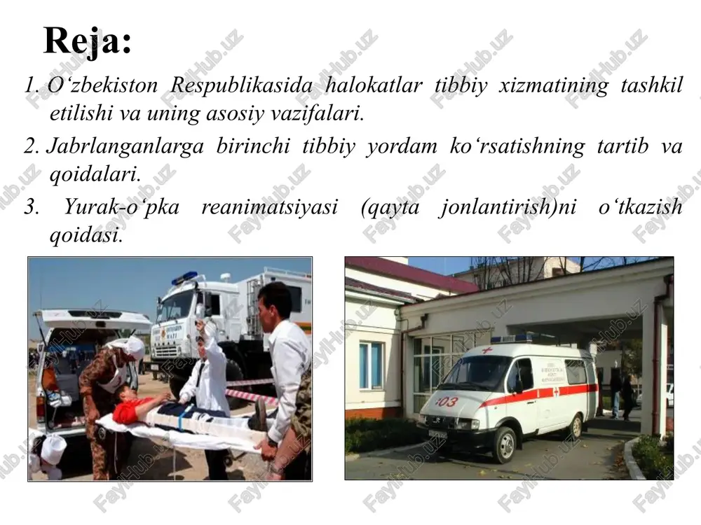 bepul asosda yuqori malakali ixtisoslashtirilgan, yuqori texnologik shoshilinch, tez va kechiktirib bo‘lmaydigan tibbiy yordamni tashkil etish va ko‘rsatish; - tezkorlikning zamonaviy jahon talablariga, yuqori texnologik va samaradorlikka muvofiq bo‘lgan shoshilinch va tez tibbiy yordam xizmati tizimi faoliyatiga tashkiliy-metodik va amaliy rahbarlik qilish; - shoshilinch tibbiy yordam ko‘rsatish tizimini, uning birlamchi tibbiy yordam tizimi bilan o‘zaro hamkorligini yanada rivojlantirish va takomillashtirish, aholining nogironligi va o‘limini pasaytirish bo‘yicha dasturlarni ishlab chiqish va amalga oshirish; - yangi, samarali texnologiyalarni yaratish, kechiktirib bo‘lmaydigan holatlar diagnostikasi va davolashning ustuvor yo‘nalishlarida ilmiy tadqiqotlar olib borish, shuningdek, ularni sog‘liqni saqlash amaliyotiga joriy etish; - shoshilinch tibbiy yordam ko‘rsatish tizimining shifokorlarini va o‘rta tibbiyot xodimlarini qayta tayyorlash va ularning malakasini oshirish, ilmiy va ilmiy-pedagog kadrlar tayyorlash; - yetakchi xorijiy ixtisoslashgan tashkilotlar bilan mustahkam hamkorlik o‘rnatish, tajriba almashish, shoshilinch tibbiyot sohasida qo‘shma tadqiqotlar olib borish. respublika shoshilinch tibbiy yordam ilmiy markazi viloyat shoshilinch tibbiy yordam markazi tuman shoshilinch tibbiy …