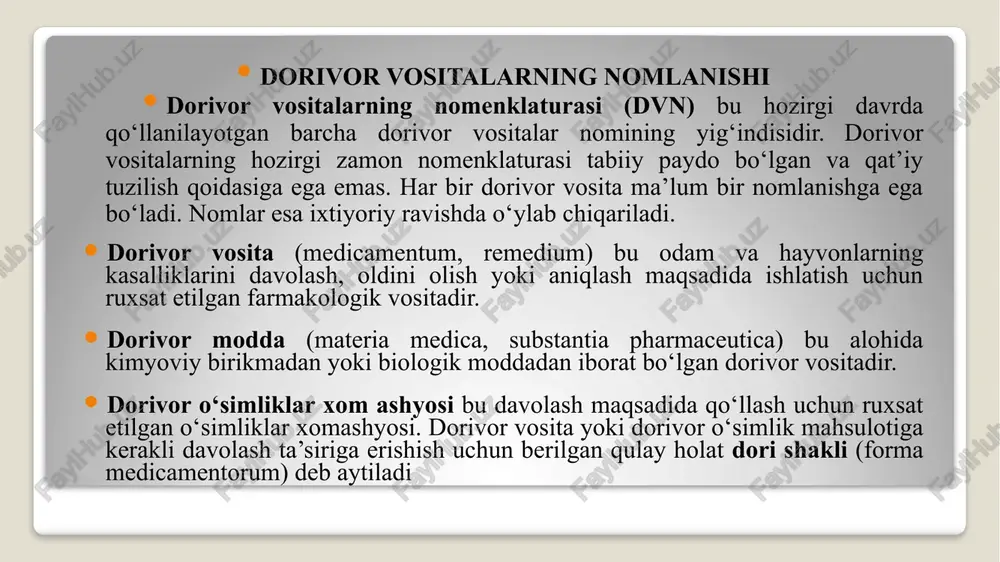 il 2, 3-dimetil, 4. metilamina pirazolon-5-n-metasulfanat natriy analginum trans-9, 13-dimet -71, 1, 5- trimetilsiklogeksin -5 -6 -nonatetrain-7, 9, 11, 13 retinolum /vitamin a dorivor preparatlarning trivial nomlarini nomenklatura komissiyasi beradi. bunday nomlar quyidagi talablarga to‘g‘ri kelishi maqsadga muvofiq hisoblanadi: qisqalik, talaffuz osonligi, berilgan nomlarning boshqalardan fonetik farqlanishi bilan trivial nomlar to‘g‘ri belgilarni ifodalaydi: kimyoviy tarkibini, farmokologik guruhga mansubligini, davolash ta’sirini va hokazolarni. trivial nomlar quyidagi usullar bilan farqlanadi: bitta asosga ega bo‘lgan hamda ikkita va undan ortiq asosga ega nomlar. a) bitta asosga ega bo‘lgan nomlarni –in+um yoki –ol+um suffikslarini qo‘shish bilan hosil qilish mumkin. misol uchun: streptomycinum / asos/ streptomyc, -in+um suffiks/ mentholum / asos/ mentha -/yalpiz/ -ol+um suffiks/ i. prefiksli - suffiksli usulda asosga prefiks (old so‘z yasovchi qo‘shimcha) va suffiks (so‘z yasovchi qo‘shimcha) qo‘yiladi. misol uchun: anti+febr+inum, anti+strum+inum, anti -(qarshi) - old qo‘shimcha, -in+um suffiks febris, is, f - isitma ko‘tarilishi struma, ae, f - bo‘qoq ii. …