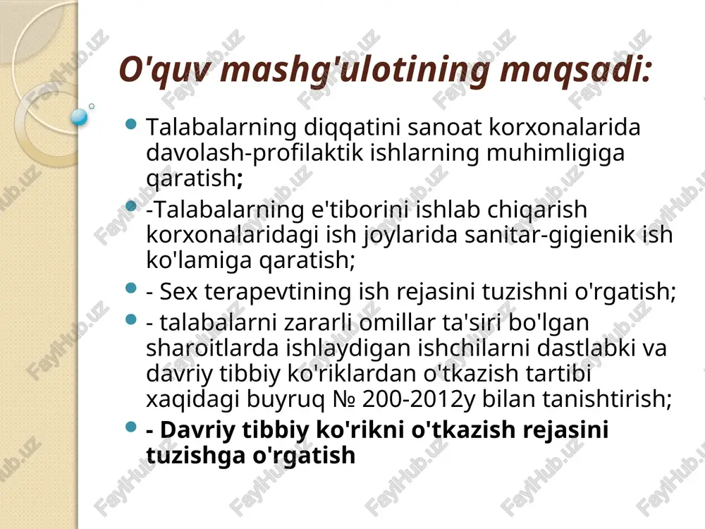 sog'lomlashtirish, eng muvofiq sanitar-gigienik sharoitlar bilan ta'minlash, umumiy va kasbiy patologiyalarni keltirib chiqaruvchi havfli omillarni bartaraf qilish bo'yicha katta javobgarlik yuklatilgan. sex terapevtining ishi quyidagi bo'limlarni o'z ichiga oladi: sanitar-oqartuv ishlari tashkiliy ishlar davolash-profilaktika ishlari sanitar-gigienik va epidemiyaga qarshi ishlar 1.tashkiliy ishlar: -alohida bo'limlar bo'yicha ish rejalarini tuzish (kvartal, yillik); -sex tibbiy punktlari ishini tashkil qilish; -o'rta va kichik tibbiy hodimlarnii hizmat ko'rsatadigan sex ishchilariga proiflaktik xizmat ko'rsatish masalalariga o'rgatish; -sog'liqni saqlash bo'yicha o'zidan yuqori tashkilotlari, profsoyuz organlari, ijtimoiy ta'minot, davlat sanitar-epidemiologik nazorat markazlari idoralari bilan o'z uchastkasidagi ishchilarga tibbiy-profilaktik xizmat ko'rsatish masalalari bo'yicha aloqada bo'lish; -davriy tibbiy ko'riklar uchun ishchilar kontingentini aniqlash bo'yicha (profsoyuz va dsenm bilan hamkorlikda) yillik bayonnomalarni tuzish; -dastlabki va davriy tibbiy ko'riklarni tashkil qilish; -sanitar-kurort davolanish va parhezli ovqatlanishga muhtoj bo'lgan bemorlarni tanlash; -o'z uchastkasida vaqtinchalik mehnatga yaroqsizlik bilan kasallanish darajasini taxlil qilish; -ayrim bo'limlar bo'yicha hisobotlar (yillik, kvartal) ni tuzish. 2. davolash-profilaktik ishlari. -poliklinika …