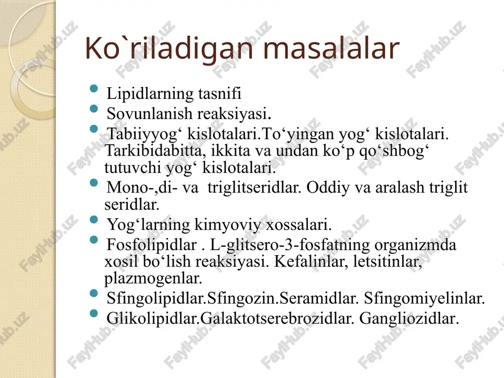 ga bo’linganlar, masalan e guruxidagi prostaglandinni bo’linishi: pg-e1 bitta qo’sh bog trans c13-c14. pg-e2 ikkita qo’sh bog trans c13-c14, sis c5-c6. pg-e3 uchta qo’sh bog trans c13-c14sis c5-c6 vasis c17-c18. mumlar yuqori molekulali yog’ kislota va yuqori molekulali bir atomli spirtlarning murakkab efirlari sn3(sn2)14 – s – osn2(sn2)29 sn3 o miritsil palmitat (asalari mumi) sn3(sn2)14 – s – on + nosn2(sn2)29 sn3 palmitin kislotaning miritsil spirti o yog’lar va moylar yog’lar – uch atomli spirt va yuqori molekulyar yog’ kislotalardan hosil bo’lgan glitseridlardir. tabiiy yog’lar uchglitseridlar, ikkiglitseridlar, monoglitseridlar va yo’ldosh moddalar aralashmasidir. yog’larning asosiy fizik va kimyoviy xossalari bilan farqlanishi ularning yog’ kislota tarkibiga bog’liq. yog’lar va moylar bir-biridan asosan qattiq va suyuqligi bilan farq qiladi. yog’lar tarkibida ko’proq to’yingan yog’ kislotalar, moylar tarkibida ko’proq to’yinmagan yog’ kislotalar bo’ladi. sn2o – so – s17n35 sno – so – s17n35 sn2o – so – s17n35 sn2o – so – s17n33 sno …