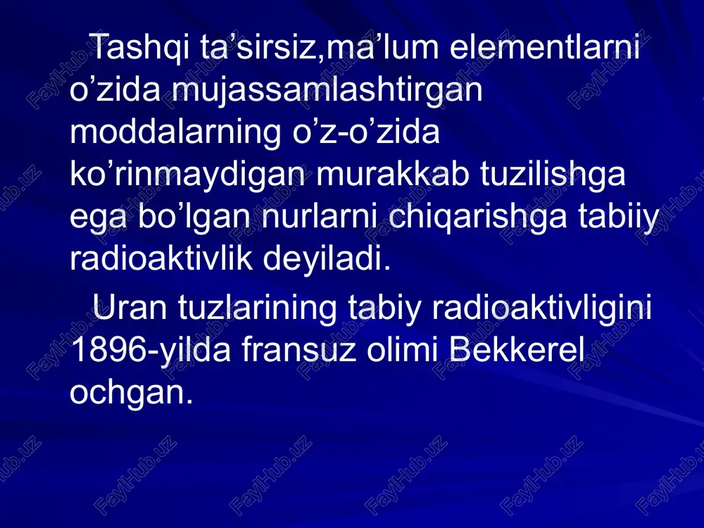 larda harakatlanganda o’lcamlar olib borilgan. g- nurlar katta energiyaga ega bo’lgan kvantlar oqimidan iborat bo’lib,yuqori chastotaga ega.uning tabiati rentgen yoki yorug’lik nurlariga o’xshashdir. radioaktiv nurlanishda bir elementning boshqasiga aylanishi ma’lum qonuniyat asosida sodir bo’ladi, uni siljish qoidasi deyiladi. masalan, radiyning parchalanishida ikkita gaz hosil bo’ladi – radon va geliy . radon parchalanib poloniy va geliyni beradi va h.k. a- radioaktivlikda yadroning zaryadi 2ta birlikka kamayadi, massa soni esa 4birlikka kamayadi. parchalanish maxsuloti mendelyeyev jadvaliga 2ta katakka chapga joylashadi. parchalanishning umumiy sxemasi: x y + he z z-2 2 a a-4 4 a b-parchalanish 3xil bo’ladi: elektron, pozitron va e-yutish. elektron parchalanishda massa soni(a) massa soni o’zgarmaydi,zaryadi bir birlikka ortadi,mendelyeyev jadvalida o’ngga bitta katak surilish ro’y beradi: n →p+b- +v (antineytrino) pozitron parchalanishda massa soni o’zgarmaydi.zaryadi bir birlikka kamayadi: zxa →z-1ya+-1b0+0 misol p →n+b+ +v (neytrino) z a x y z+1 a + b + 0 -1 o b b + …