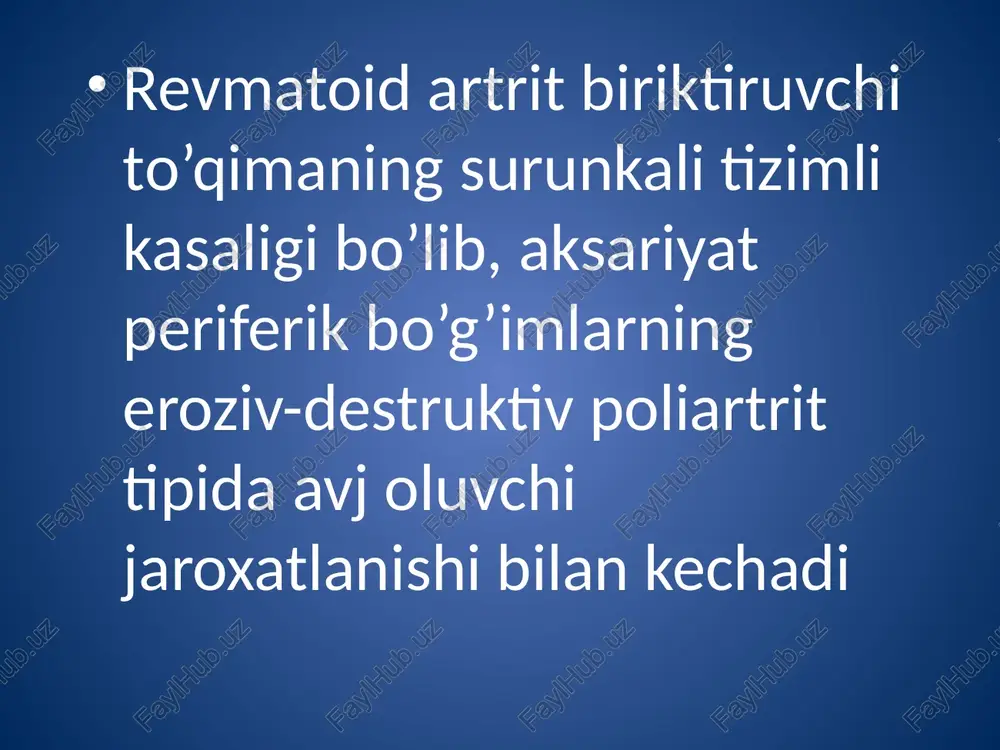 i sezilarsiz avj oluvchi faollik darajasi ko’rsatkich ballar bo’yicha ko’rsatkichlar 0 1 2 3 ertalabki karaxtlik gipertermiya ekssudativ o’zgarishlar y2-globulinlar miqdori oshishi echt mmg`soat s-reaktiv oqsil yo’q yo’q yo’q 15 >40 q q q va yuqori bosqichlari (rentgen ko’rinishi bo’yicha) i bosqich- osteoporoz, destruktiv rentgenologik o’zgarishlarsiz iibosqich- tog’ay va suyakning bir oz jaroxatlanishi, bo’g’im oralig’ining bir oz torayishi, suyakda yakka eroziyalar iii bosqich - tog’ay va suyakning jaroxatlanishi, bo’g’im oralig’ining ifodalangan torayishi, ko’p sonli eroziyalar, bo’g’imning chala chiqishi iv bosqich - iii bosqich simptomlarining ankiloz bilan qo‘shilib kelishi tayanch-harakat apparatining funksional yetishmovchiligi 0-yo’q i-professional mehnatga layoqati cheklangan ii-professional mehnatga layoqati yo’qolgan. iii-o’ziga xizmat qilish layoqati yo’qolgan 10 prof. rizamuxamedova m.z. yangi tasnif (rossiya revmatologlar assotsiatsiyasi plenium majlisida 30 sentyabr 2007 y qabul qilingan.) 1. asosiy tashxis: revmatoid artrit seropozitiv (m05.8) revmatoid artrit seronegativ (m06.0) revmatoid artrit aloxida klinik shaklllari: - felti sindromi (m05.0) - kattalarda rivojlanadigan still kasalligi (m06.1) revmatoid …
