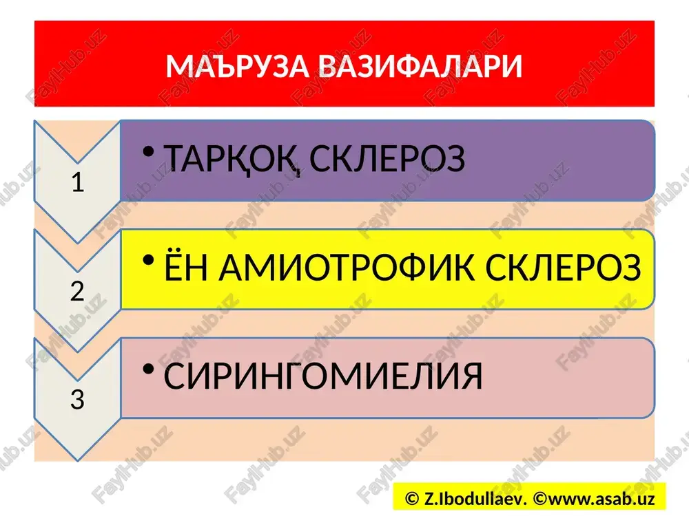 oq vaqt saqlanib qoladi piramidal simptomlar har doim kuzatiladi tarqoq sklerozning miyacha turi © z.ibodullaev. ©www.asab.uz nistagm, skandirlashgan nutq, intension tremor (sharko triadasi) dismetriya, megalografiya, styuart-xolms simptomi muskullar gipotoniyasi, adiodoxokinez dinamik va statik ataksiya miya ustuni zararlanishi bilan kechuvchi turi belgilari © z.ibodullaev. ©www.asab.uz iii, iv, v, vii nervlar zararlanishi belgilari vestibulyar nerv (mener sindromi) va til osti nervi zararlanishi belgilari oral avtomatizmi reflekslari (kortikonuklear yo'llar) disfagiya, dizartriya, disfagiya (ix va x nervlar) optikoxiazmal turi klinikasi © z.ibodullaev. ©www.asab.uz o'tib ketuvchi amavrozlar ko'ruv nervi diskining chakka qismi oqarishi tarqoq sklerozning bu turi 50 % holatlarda uchraydi tserebrospinal turi klinikasi © z.ibodullaev. ©www.asab.uz tserebral va spinal simptomlar birgalikda uchraydi. spastik reflektor falajlik, ataksiyalar, qorin refleksi yo'qolishi ko'ruv nervi diski chakka qismi atrofiyasi, diplopiya. tarqoq sklerozning bu turi 50 % holatlarda uchraydi. spinal turi belgilari © z.ibodullaev. ©www.asab.uz qorin reflekslari so'nishi vibratsiya sezgisining erta yo'qolishi lermitt sindromi – bir zumda o'tib ketuvchi …