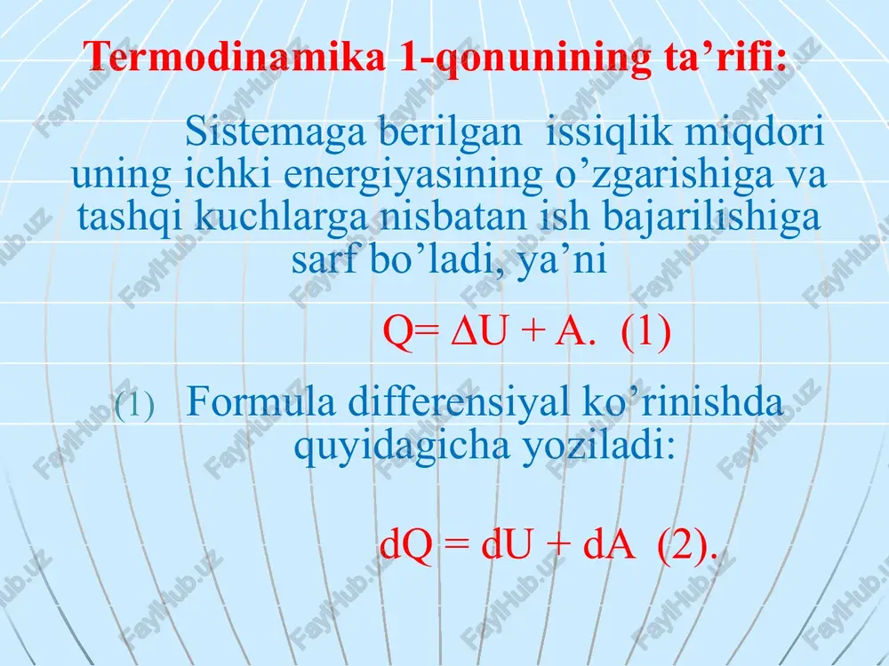 da = du (b). ya’ni adiabatik jarayon kengayish va siqilishda bajariladigan ish gazning ichki energiyasining o‘zgarishi hisobiga sodir bo’ladi. (a) formula ichki energiya kamayganda, gaz soviydi va adiabatik kengayishda bajarilgan ish ichki energiya hisobiga bo’lishini ko’rsatadi. (b) formula esa gazning adiabatik siqilishida ichki energiyaning oshishini, gazning esa isishini ko’rsatadi. bu jarayon tashqi kuchlarning ish bajarishi hisobiga amalga oshadi. gazning ishi manfiydir. adiabatik jarayon uchun puasson tenglamasi adiabatik jarayonda gazning ikkita parametrini p va v ni bog‘lovchi tenglamaga puasson tenglamasi deyladi. pvγ=const, bunda γ=cp/cv adiabatani ko’rsatkichi cp -o’zgarmas bosimdagi issiqlik sig’imi cv -o’zgarmas hajmdagi issiqlik sig’imi termodinamikaning 1-chi asosi organizimga taaluqliydir: oziq – ovqat mahsulotlarining organizmda singish jarayonida ximiyaviy energiya bog’lanishlari tashqi muhitga sarflanadigan issiqlikni kompensatsiyalashga (qoplashga) va ish bajarishga sarf bo’ladi. ∑w= ∑qi + ∑ai organizmning issiqlik yo’qotishi issiqlikning atrof muhitga tarqalishi va organizmning ishbajarishga sarf bo’lishi bilan bog’liqdir. termodinamikaning 2-qonuni: isitgichdan olingan issiqlik miqdorining hammasini to’la ravishda ishga aylantirish …