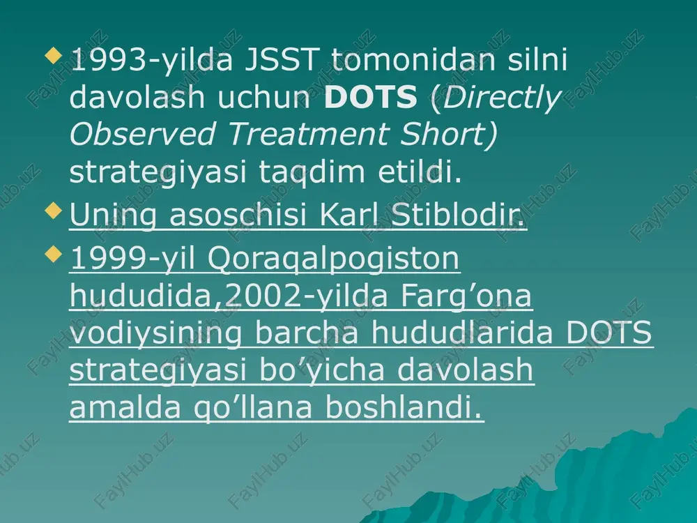 faqat hujayradan tashqaridagi sil tayoqchasiga bakteriosit ta’sir ko’rsatadi. semidermal shaklining ko’payishini oldini oladi. etambutol: bakteriostatik dortiga turg’un bo’lishini oldini oladi. streptomitsin: faqat hujayradan tashqari joylashgan davrda qo’llaniladi. eslatma! agar bemor hamshira nazorati ostida har kuni dorilarini tartibli ichsa,14-kundan boshlab ajralib chiqayotgan tayoqchalar soni keskin kamayadi va shikastlangan sil tayoqchasi sog’lom organizmga tushganda ham kasallik chaqira olmaydi! silni samarali davolash sharoiti- berilayotgan ximiyaviy preparatni nazorati xisoblanadi. intensiv va ushlab turuvchi fazada xar bir qabul kilinayotgan doza nazorat ostida bo'ladi. bemorlar tibbiy xodimlar oldida preparatlarni qabul qilishadi, bemorlarga yoki ularning qarindoshlariga dorilarni berish kat'ian man qilinadi. -dorilarni naxorda qabul qilinadi. dori vositalarni sutkalik dozasi bir vaktda qabul qilinadi va tibbiy xodim oldida suv bilan ichiladi bemorlarning turlari: - yangi topilgan bk + yoki bk – bemorlar; -retsidivlar; -davolashga o’tkazilganlar; -muvaffaqiyatsiz davo; muvaffaqiyatsiz davo; 1,3 toifa bk – bemor 2 oy shifoxada davolangandan keyin balg’amida bk + aniqlansa. 1 – toifa bk + …