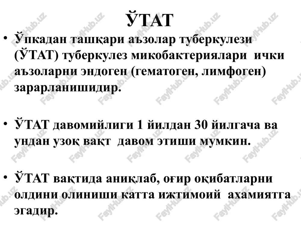 ilitik) - o'choqlar o'zida suyak ko'migi tutgan epifiz va metafiz qismlarida, umurtqalar tanasida joylashadi. artritik (spondilitik) - jarayonning bo'g'imlarga va uning bitta umurtqadan tashqariga chiqishi bilan xarakterlanadi. postartritik (postspondilitik) - skeletning yaqqol deformatsiyalari, funktsional buzilishi, qaytalanishi va torpid kechishi xos. barmoq suyagi tb koksoartroz tb tb spondiliti tb artrit kalla suyagi tb buyrak tuberkulezi birlamchi o'choqli o'zgarishlar buyrak parenximasinig kortikal qismlarida joylashadi. o'choqlar - kazeoz nekroz o'zgarishlar va spetsifik granulyatsiya to'qimadan tashkil topgan. o'choqlarning rivojlanishi natijasida kazeoz massalar markazidan erib, bo'shliq-kaverna xosil qiladi. bu esa bakteriuriyaga olib kelib, siydik yo'llarining zararlanishiga sabab bo'ladi. buyrak silini simptomlari: belda o'tmas og'riq; xolsizlik; stranguriya; gematuriya; tana haroratini ko'tarilishi. buyrak uzi buyrak tb abdominal tuberkulez abdominal tuberkulez – jigar, taloq, ichak, qorin parda va mezenterial limfa tugunlarining tuberkulezi. abdominal tuberkulez kechishida yallig'lanish jarayoniga regionar va mezenterial ildizi limfa tugunlari-ning qo'shilishi asosiy o'rin egallaydi. jigar tuberkulezi jigar gematogen yo'l orqali zararlanadi. jigar parenximasida tipik tuberkulez …