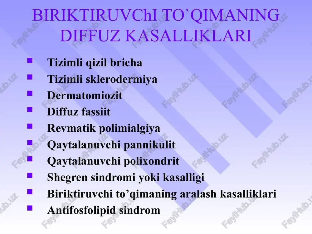 kasallikning dastlabki belgisi. tayanch-harakat tizimining zararlanishi – artralgiyalar – artritlar 90-100% bemorlarda mialgiyalar – 35-45% bemorlarda yurak zararlanishi – perikardit miokardit libman – saks endokarditi pankardit o`pkalar zararlanishi 50-80% - quruq va ekssudativ plevrit lyupus pnevmonit oshqozon-ichak yo`llari zararlanishi – 50% hollarda buyraklar zararlanishi nefrit minimal peshob sindromi bilan nefrit nefrotik sindrom bilan faol lyupus-nefrit ifodalangan peshob sindromi bilan 1/3 bemorlarda asab tizimi zararlanishi periferik va bosh miyadan chiquvchi nervlar – 1/3 bemorlarda xoreya tirishish sindromi ruxiy buzilishlar organik miya simptomlari tizimli qizil bo`richa tashxisiy mezonlar: 1. yanoq soxasidagi toshmalar. yanoq yoyida joylashgan, burun-yonoq burmasiga tarqalish tendensiyasiga ega. yassi yoki bo`rtib turuvchi eritema. 2. diskoid toshmalar. teri buzilishlariga ega bo`rtib turuvchi eritramatoz toshmalar. eski o`choklarda esa atrofik chandiqlar uchraydi. 3. fotosensibilizasiya. anamnezida yoki vrach kuzatuvida kuyosh nurlanishiga noodatiy reaksiya natijasida terida toshmalar paydo buladi. 4. og`iz bo`shlig’i yaralari. burun-xalqum yoki og`iz bo`shlig`ida vrach tomonidan aniqlanadigan ko`pincha og`riqsiz yaralar. 5. artrit. …