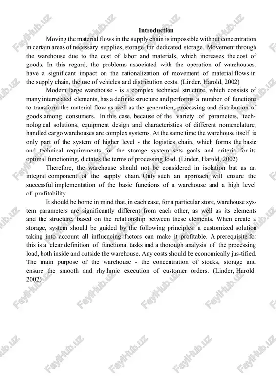 iples: a customized solution taking into account all influencing factors can make it profitable. a prerequisite for this is a clear definition of functional tasks and a thorough analysis of the processing load, both inside and outside the warehouse. any costs should be economically jus-tified. the main purpose of the warehouse - the concentration of stocks, storage and ensure the smooth and rhythmic execution of customer orders. (linder, harold, 2002) 1. the role of warehouses in logistics and a brief description between production and transport, transport and consumers should always be storage facilities, designed to smooth out uneven cycles of production, consumption and operation of various types of transport. in this regard, in the overall promotion of material flow of logistics chains from the producer and the consumer must take into account the presence of a network of different storage systems. (linder, harold, 2002) storage systems can be created at …