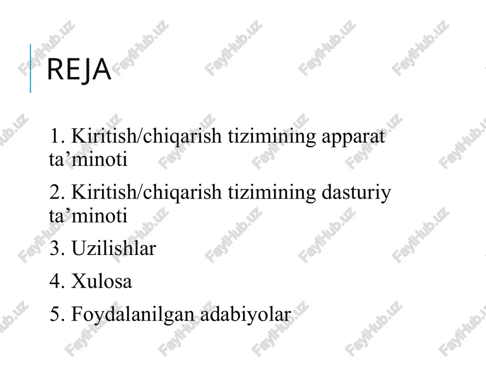 i) katta hajmli ma'lumotlarni (masalan, 2048-baytli disk bloki) xotiraga qayta yozish va o'qish zaruratida k/ch blok qo'llaniladi. blokli k/ch simvollarni k/ch kabi har safar bir blokiruyushiy vvod-vivod bayt bo'yicha ma'lumotlarni o'qish/yozish yo'li bilan bajariladi. biroq bu protsessorning vaqtini bekorga sarflaydi. shina, tarmoq va boshqa qurilmalar ma’lumot almashish tezligi # qurilma tezligi 1 klaviatura 10 bayt/s 2 sichqoncha 100 bayt/s 3 modem 56 kbayt 7 kbayt/s 4 skaner 400 kbayt/s 5 raqamli kamera 4 mbayt/s 6 cd-rom 52x 8 mbayt/s 7 firewire (ieee 1394) 50 mbayt/s 8 usb 2.0 60 mbayt/s 9 monitor xga 60 mbayt/s 10 gagabit ethrnet 125 mbayt/s 11 shina pci 528 mbayt/s ... .... .... direct memory access (dma) qayta uzilishga murojat aniq va noaniq uzilishlar (a) – aniq uzilish; (b) –aniqmas uzilish kontrollerlar kiritish/chiqarish qurilmasi mexanik va elektron komponentadan iborat bo’ladi kiritish/chiqarish qurilmasi elektron komponentasi bu qurilma kontrolleri yoki adabter deb ataladi. mexanik komponenta bu qurilmaning …