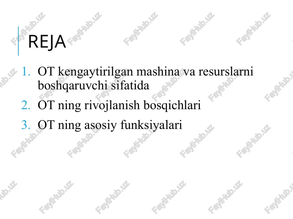 computerlari personal computerlar va super computerlar kiradi. ot kengaytirilgan mashina va resurslarni boshqaruvchi sifatida ot kengaytirilgan mashina sifatida: operatsion tizim ishlash jarayonida nafaqat disklarni boshqaradi yoki fayllar ustida amallar bajaradi, o’z navbatida tizimdagi uzilishlarni boshqarish, vaqtlarni taqsimlash, xotirani tashkil qilish va boshqa xususiyatlarni ham boshqarib turadi. ot resurslarni boshqaruvchi sifatida: ot lar bir vaqtning o’zida bir nechta amaliy va tizimli dasturlarga xizmat ko’rsatadi va ushbu vaqtda dastur uchun kerakli bo’lgan resurslarni boshqarish asosiy vazifa hisoblanadi. multipleksing – resurslar ishlashining ketma – ketligi va davomiyligi. multipleksing ikki xil ko’rinishda bo’ladi - vaqtinchalik (resurslardan ketma-ket foydalaniladi) - ajratilgan xotira (operativ xotiradan kerakli joy ajratadi va dastur bundan hohlagancha resurslar ketma-ketlikda ishlatadi) ot resurslarni boshqarish, masala resursi tipiga bog’liq bo’lmagan ikkita umumiy masalani yechishni o’z ichiga oladi: 1. resursni rejalashtirish – ya’ni berilgan resursni kimga, qachon va qanday taqsimlashdan iborat; 2. resurs holatini kuzatish – resursni band yoki bo’shligi, bo’linadigan resurslar haqida esa …