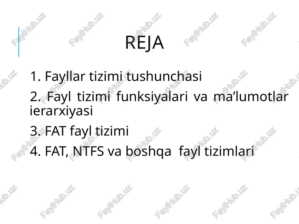 otlar o’zgardimi? fayllarda foydalanuvchiga ko’rinmaydigan xususiyatlari ham bo’ladi: yagona identifikatsiyasi (fayl nomi identifikatsiya bo’lmasligi ham mumkin) xotirada joylashgan o’rni fayl tizimlarining asosiy vazifalaridan biri fayllarning xotirada joylashuvini boshqarish 10 disk christo wilson 8/22/2012 defense 10 fat-fayl tizimi fat-file allocation table-fayllarni joylashtirish jadvali bu jadvalda quyidagilar joylashgan fayl yoki uning fragmentlari uchun ajratilgan mantiqiy disk bo'limlari disk makoning bo'sh sohalari diskning defekt sohalari fayl tizimlari fat-fayl tizimida ixtiyoriy mantiqiy disk makoni 2 ta sohaga bo'linadi br rsec fat1 fat2 rdir fayl va kataloglar tizimli soha ma'lumotlar sohasi bill geyts va mark makdonald tomonidan ishlab chiqilgan. ntfs – new technology file system ( fayl tizimining yangi texnologiyasi). microsoft tomonidan windows nt oilasi operatsion tizimlari uchun fayllar sistemasi. hpfs fayl tizimi hpfs fayl tizimi (high file system – yuqori unumdorlikka ega bo'lgan fayl tizimidir) birinchi marta os/2 va law manager ot larida paydo bo'ldi. bu fayl tizimi, ibm va ms kompaniya mutaxassislari tomonidan …