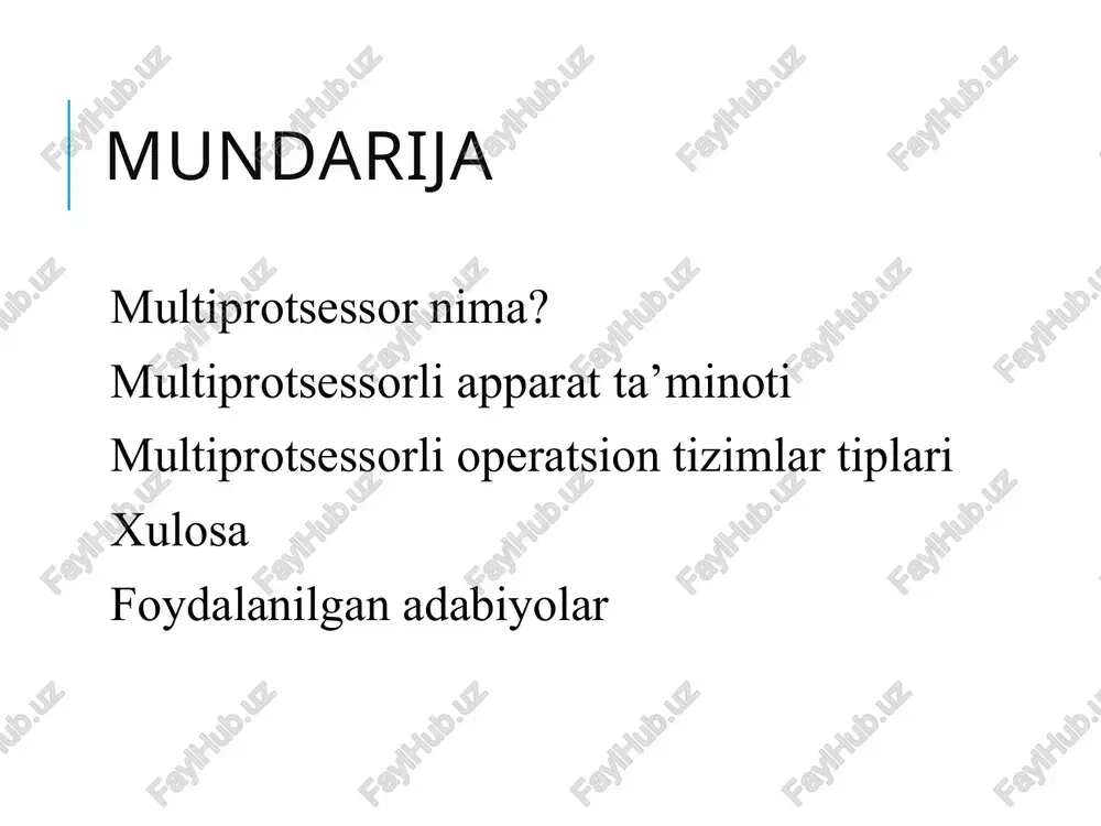 qariladi. hozirgi kunda ko’pgina multiprotsessor tizimlar smp arxitekturasini ishlatadi. smp tizimi bir-biriga mustahkam jipslashgan protsessorlar jamlanmasi bo’lib, bu protsessorlar tizim tamonidan boshqarilishi yoki mustaqil ishlashi mumkin. har bitta protsessor alohida, ya’ni bir biriga aloqasi bolmagan holda dasturlarning ishlashiga javob berishi mumkin. multiprotsessorli tizim oddiy strukturasi multiprotsessorli apparat ta’minoti multiprotsessorli apparat ta’minoti quyidagi ko’rinishlarda namoyon bo’ladi: uma (uniform memory access) numa (non-uniform memory access) multiprotsessor uma multiprotsessorning shinali arxitekturasi kesh xotirasiz kesh xotira va lokal xotirali kesh xotirali umumiy xotiradan foydalanuvchi multiprotsessorlar (shared memory) umumiy xotiradan foydalanuvchi multiprotsessorlar… muammo: bir vaqtda bajariladigan buyruqlar oqimining o’zaro aloqadorligi mosligi zarurati. misol sifatida: protsessorlar n umumiy o’zgaruvchisi ustida buyruqlarni ketma-ketlikda bajaradigan bo’lsin. 1 - bajarilish varianti 2 - bajarilish varianti umumiy xotiradan foydalanuvchi multiprotsessorlar (shared memory) buyruqlar turlicha bo’lishi mumkin ammo umumiy o’zgaruvchilar bir xil bo’lishi zarur ! n = n + 1 chop etish n numa multiprotsessor numa tizimli hisoblash tizimlarining quyidagi asosiy …