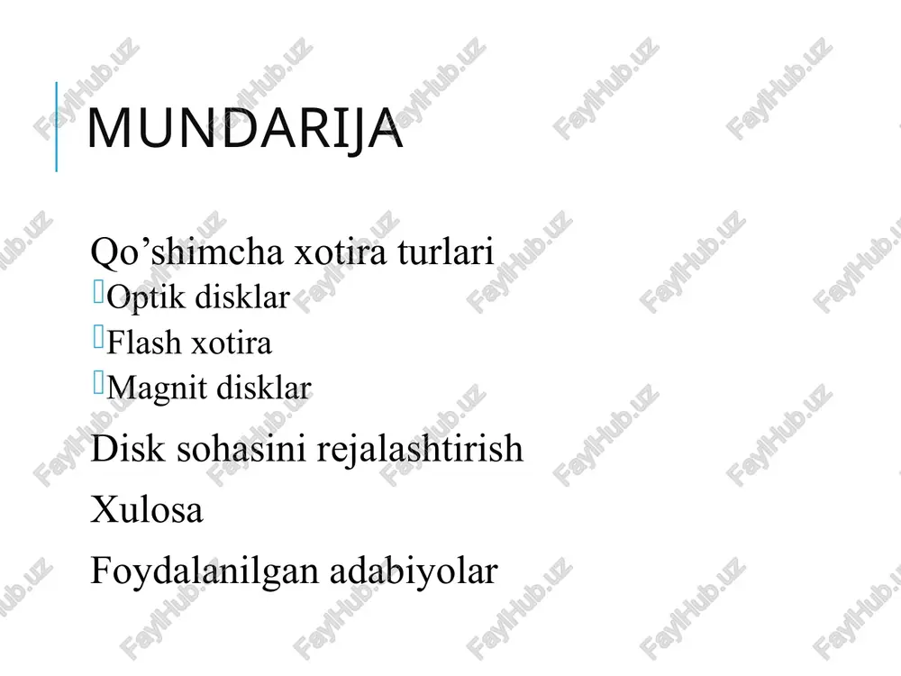 ptical disk) birinchi sotuvga chiqan disk 1956 yilda ibm ramdac nomli computeri uchun mo’ljallangan. modeli ibm 350 disk saqlash tizimi storage system xarakteristikasi: 5m (7 bit) 50 x 24” platters access time = < 1 second magnit disk magnit disk – bu magnitlangan aylana ko’rinishdagi metal yoki plastik jism asosida yaratilgn xotira qurilmasi hisoblanadi. ushbu turdagi disklarga ikki taraflama ma’lumot yozish va undan ma’lumot o’qish imloniyati mavjud. magnit disk bilan ishlash xususiyatlari quyidagicha: bitli ma’lumotlar diskning magnit yuzasida “track” larda ya’ni yo’laklarda saqlanadi. yo’laklar maxsus bo’laklarga ajratilgan bo’lib bular – sektorlar deb ataladi. ushbu disk qurilmaga mahkamlangan va uni oddiy foydalanuvchi tomonidan ajratib olish imkoniyati yo’q magnit disk strukturasi track - bitli ma’lumotlarni saqlaydigan yo’laklar sektor - yo’laklarning maxsus bo’laklarga ajratilgan qismlari misol uchun: read sector 782, write sector 5448 12: io systems 12 disk strukturasi magnit disk magnit disklarga quyidagilarni misol qilib keltirish mumkin: floppy drive disk hard drive …