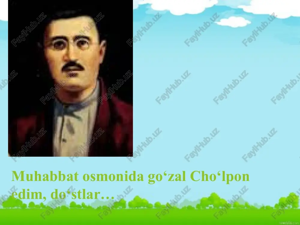 arjimon (moskva); 1935-37 - «mushtum» va «guliston» jurnallari hamda «teatru» gazetasida adabiy xodim (jamoatchilik asosida). asarlari she'riy to'plamlari: “uyg'onish” (1922); “buloqlar” (1923); “o'zbek yosh shoirlari” (1923); “go'zal yozg'ichlar” (1925); “adabiyot parchalari” (1926) ; “tong sirlari” (1926); “soz” (1935); “jo`r” - oxirgi to’plami, nashr etilmay qolgan. “yana oldim sozimni” (1991). diqqat, bilib oling! barmoq vazni cho`lpon va fitratning ijodiy izlanishlari bilan xx asrning 20-yillari boshlaridayoq yangi o‘zbek she’riyatining asosiy vazniga aylandi. pyesalari 1928-yil - “o’rtoq qarshiboyev”; 1921-yil - “yorqinoy”; 1921-yil – “o‘ldiruvchi”; 1922-yil - «sevgi va saltanat» ; 1922-yil – “cho‘pon sevgisi”; 1928-yil - “hujum” (rus yozuvchisi v.yan bilan); 1921-yil - “halil farang”; 1926-yil - “cho`rining isyoni”; “qorovul uyqusi”; “yana uylanaman“; “uzunquloq bobo" “mushtumzo'r“… ocherk va hikoyalari ocherklari: “yo‘l esdaligi”; “vayronalar orasidan” ocherklari… hikoyalar: “oydin kechalarda”; “qor qo'ynida lola“; “novvoy qiz”; “oq podshoning in’omi”; “gavharoy”… tarjimachilik k.gotssi, «malikai turondot»; n.v.gogol - «tergovchi»; bill belotserkovskiy «labbay», «po‘rtana»; moler - «xasis»; k.goldon - …