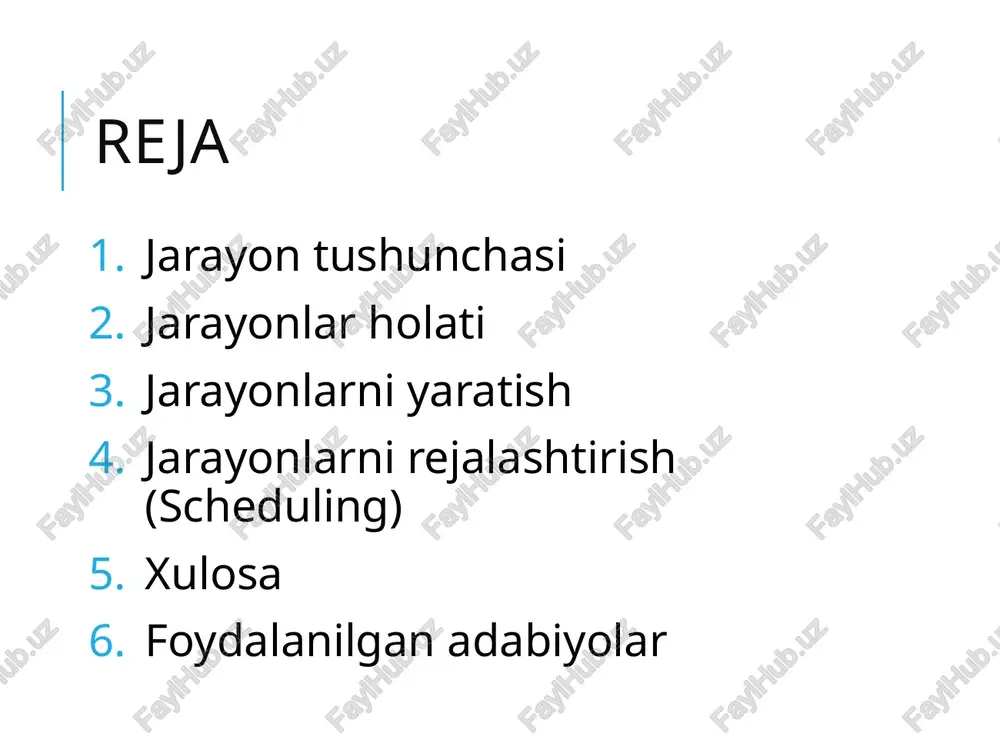 ayyor holatda bajarilyapti (running) – jarayon instruksiya asosida bajarilyapti kutish (waiting) – jarayon bajarilishi uchun kutish holatida (misol uchun kiritish/chiqarish operatsiyasi to’xtashini kutyapti) tugallandi (terminated) – jarayon bajarildi va ish faoliyatini tugatdi jarayon holatining diagrammasi tayyor bajarilyapti kutish kirish bajarilish uchun tayyor uzilish jarayon kutish holatida jarayon bajarildi jarayon prioritetini o’zgartirish ot ni to’xtatadi kutishga o’tadi uzilish tayyor holatga o’tadi bajarilishi chiqish tugadi yangi jarayon jarayon holatining to’liq diagrammasi yaratilish tayyor bajarilyapti tugatildi kutish ruxsat berish uzilish tugatish i/o or event completion (tugallangan xodisa) i/o or event wait (xodisani kutish) rejalashtirish jo’natish jejimi 11 jarayonlarni yaratish jarayonlarni yaratishda quyidagi 4 ta ketma-ketlik (hodisa) amalga oshiriladi tizimni initsializatsiya qilish mazkur jarayonni yaratish uchun tizimning chaqiruv jarayonlarini ishga tushirish yangi jarayon yaratish haqidagi so’rovni foydalanuvchiga yuborish paketli topshiriqlar initsializatsiyasi unix tizimida yangi jarayonlarni yaratish uchun fork() operatori (tizimning chaqiruv operatori [metodi]) jarayon jarayon boshqaruv bloki jarayon holati jarayon dasturli hisoblagichi, (jarayon uchun …