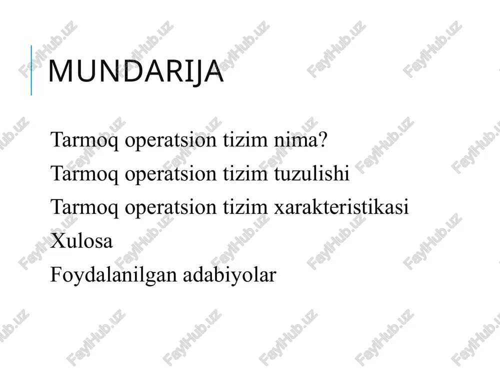 a holatda foydalanishi mumkin. afzallilari foydalanish qulay qo’shimcha qurilmalar (server) talab qilinmaydi. kamchiliklari ma’ulomtlarni markazlashgan holda saqlash iloji yo’q. ma’lumotlarni saqlash xavfsizligi past. client/server tarmoq operation tizimi client/server tarmoq operation tizimi bu server orqali tarmoqdagi barcha kompyuterlarga kerakli bo’lgan resurslarni boshqarish texnologiyasiga ega tizimlar hisoblanadi. client/server tarmoq operation tizimi tarmoq funksiyalarini markazlashtirish va ilovalarni bitta fayl server orqali boshqarish imkoniyatini yaratadi. bunda server markazlashgan tizim bo’lib, resurslarga ruxsat va havfsizlikni boshqarib turadi. bir vaqtning o’zida barcha foydalanuvchilar serverga so’rov jonatishlari va o’zlariga tegishli ma’lumotlarni olishi mumkin. misol uchun: novell netware; windows server; banyan vines client/server tarmoq operation tizimi afzalliklari markazlashgan server mavjudligi xavfsizlik server tomonidan boshqarib turilishi yangi texnologiya va qurilma asosida oson boshqarish mumkin server qayerda turishidan qat’iy nazar foydalanuchilar masofadan foydalanish imkoniyatiga ega. kamchiliklari serverni ishga tushirish narx jihatidan qimmat operatisayalar bajarilishida ma’lumotlar takrorlanishi. server ishlamay golgan vaqtda tizim ishlamaydi. client/server tarmoq operation tizimi funksiyanal tuzilishi kliyent tarmoq …