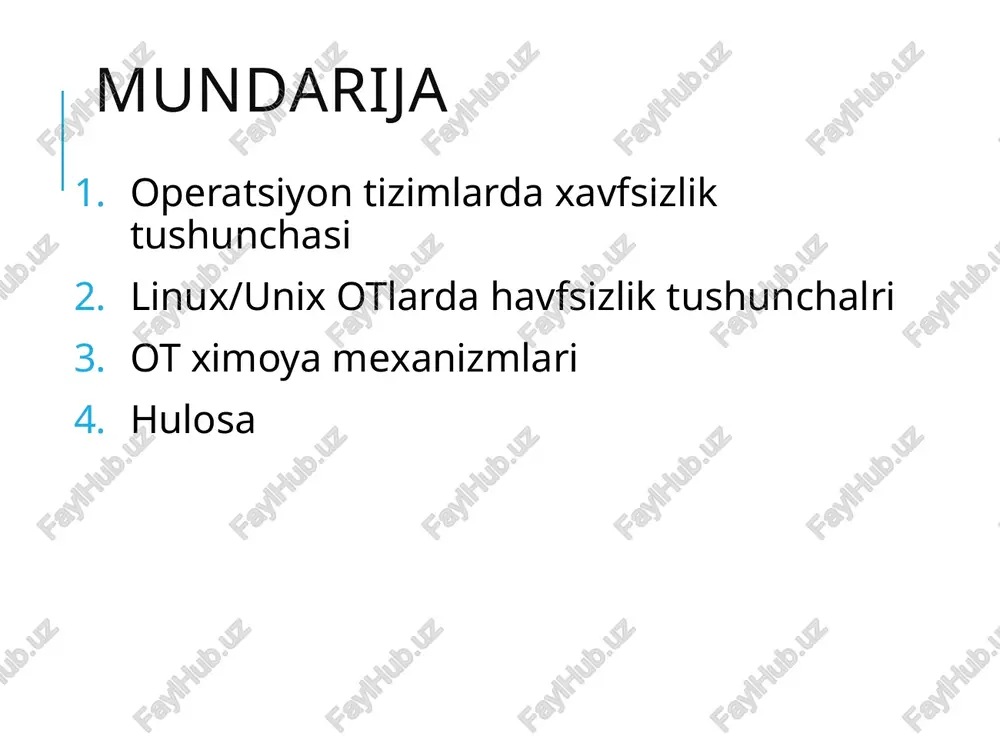 lari uchun mo'ljallangan dasturlarni zararlash va ishdan chiqarish. worm port scanning denial of service muammo client / server infratuzilmasi tashkilotlar orasida keng tarqalgan klientlar tizimga ruxsat oladi serverlar tizimda ishlaydi dasturiy ta’minot xavfsiz emas(ayniqsa bufer to’lishidan) va xavfli dasturlarni hisobga olish lozim. hattoki biz xavf mavjudligini bilmasak ham, xavfsiz muhitni hosil qilish uchun nist(standartlar va texnologiyalar milliy instituti) standartlariga rioya qilish zarur. ot ning ko’p satxli modeli user space services / hypervisor system calls device drivers / hardware abstraction layer (hal) kernel / bios instruction set architecture hardware physical world crontab crontab ("cron table" uchun qisqa) sizning kompyuteringiz tizimidagi muntazam vaqt oralig'ida ishlashni rejalashtiradigan buyruqlar ro'yxati. crontab komandasi tartibga solish uchun crontab-ni ochadi va rejalangan vazifalarni qo'shish, o'chirish yoki o'zgartirishga imkon beradi. linux / unix da davriy xavfsizlik patch boshqaruv boshqaruv consoli (cmd) yordamida crontab faylni sozlash crontab –e (o’zgartirishlar uchun ham ishlatilishi mumkin) debian, ubuntu: apt-get red hat, fedora, …