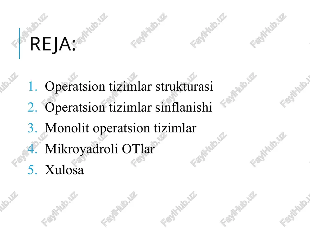 iallashtirish, ya’ni komputer elektr manbasiga ulanganda, uning barcha elementlarini boshlang’ich holatga keltirish; • testlash, ya’ni komputerda butlikni hamda apparatura va dasturli resurslarning ishga layoketliligini tekshirish (processor, xotira, drayverlar va b.); • operasion tizimni inisiallashtirish, ya’ni tizimli diskdan ot ning yuklovchisini o’qish va h.k. ot ot masalarni qayta ishlash rejimi bo’yicha o’zaro bog’lanish bo’yicha bir vazifali ko’p-vazifali ko’p-foydalanuvchili bir foydalanuvchili operatsion tizimlar sinflanishi (ishlash rejimi va o’zaro bog’lanishi bo’yicha) operatsion tizimlar sinflanishi (misol sifatida) operatsion tizimlar sinflanishi (vazifasi bo’yicha) operatsion tizimlar vazifasi bo’yicha: shaxsiy kompyuter uchun super komputerlar mikrokompyuterlar uchun minikompyuterlar uchun meynfraymlar uchun davomi meynfraymlar– ot lari kiritish/chiqarish amallari ko’p bo’lgan, bir vaqtda bajaradigan topshiriqlar to’plamiga ishlov berishga yo’naltirilgan. shaxsiy komputerlardan kiritish-chiqarish imkoniyatlari bilan farq qiladi, ular treabyt hajmlarda malumotlarga ishlov berish imkonini beradi. mikrokompyuterlar - hajmi va bajaradigan amallar tezligi jihatidan katta kompyuterlardan kamida bir pog’ona pastdir. shuni aytish joizki, ularning o’lchamlari tobora ixchamlashib, hatto shaxsiy kompyuterdek kichik joyni …