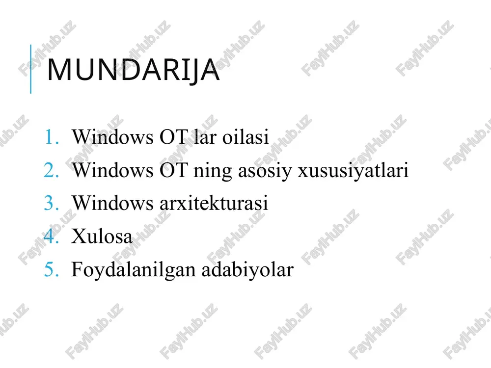 , memory, processes, … hal (hardware-adaptation layer) insulates ntos & drivers from hardware dependencies drivers kernel extensions (primarily for device access) buyruq tillari (command languages ) unix/linux –bash dos/windows - .bat 13 process/thread structurasi object manager any handle table process object process jadvalii virtual address descriptors thread thread thread thread thread thread fayllar hodisalar qurilmalar qurilmalar executive services (ishga tushuruvchi xizmatlar) object manager power manager process manager i/o manager virtual memory manager local procedure call facility cache manager security reference monitor plug and play monitor device drive manager operatsion tizim funksiyalari jarayonlarni boshqarish kiritish/chiqarish (input/output) fayllarni boshqarish xotirani boshqarish windows ot lar rivojlanishi (interfeys) windows 3.1 windows 95 windows me windows ot lar rivojlanishi (interfeys) windows 2000 windows xp image2.png image3.png image4.png image5.png image6.png image7.png image8.png image9.png image10.png image11.png image12.png image13.png @ ys6exncton sa xaxon a x vg windows os lecture -goc x y [} real operating systems - x …