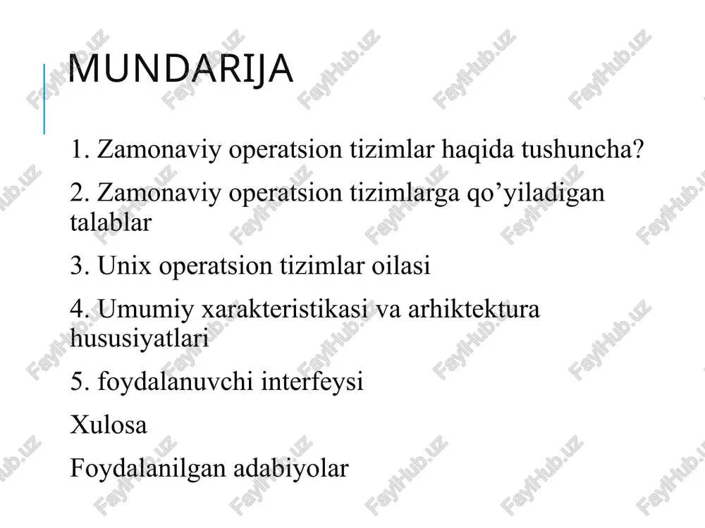 kennet va dennis richi unix otni pdp-11 computer uchun terminallarini qurgan. 1973 yilda unixning katta qismi c tilida qayta yozib chiqilgan. 1974 yilda unixning dastlabki buyruqlari aqsh universitetlarida keng tarqalgan. 13 unix arxitekturasi unix yadrosi arxitekturasi unix fayl tizimida havfsizligi unix operatsion tizimning rivojlanish dinamikasi unix operatsion tizimning rivojlanish dinamikasi unix ni rivojlanish dinamikasini 3 ta guruxga ajratish mumkin: open source –mininx 1.x, linux 0.01, freebsd, bsd, netbsd, openbsd lar ni kiritish mumkin. mixed shared source-aralash taqsimlangan manbalar-unix version 1.0, pwb/unix, closed source –sun os, aix, xenix, sco xenix, system iii, unix ware, hp-ux, solaris os kiritish mumkin. unix operatsion tizimning versiyalari eng birinchi aqsh universitetlarida unix operatsion tizimining bir necha versiyalari mavjud bo’lgan. at&t kompaniyasi tomonidan 1982 yilda bir necha bir xil system iii nomidagi operatsiyon tizim versiyalari va 1983 yilda esa system v versiyasi ishlab chiqarilgan. 1993 yilda at&t unix otining mualliflik huquqini novell firmasiga sotdi, keyinchalik u …