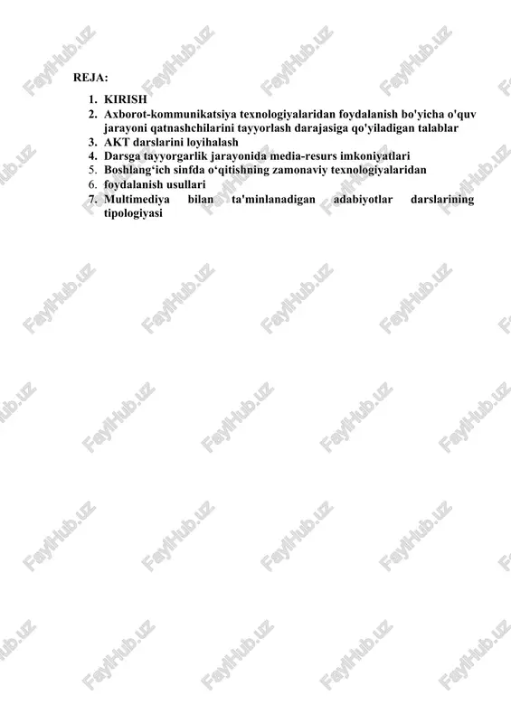 chi-yoshlarning ta’lim olishlari uchun teng-sharoitlar yaratish zarurligini ko’rsatmoqda. boshlang’ich ta’lim sifati va samaradorligini oshirishda axborot texnologiyalardan foydalanish katta ahamiyatga ega. shu sababdan boshlang;ich sinf darslarini o’rganishda rivojlantiruvchi muammoli hamda pedagogik texnologiyalarni asosiy jihatlarini o’zida ifodalovchi “multimedia- dars”, “slaydli dars”, “seminar dars” kabilarni qo’llash tavsiya etiladi. seminar dars o’quvchilarning mustaqil chiqishlarini jamlovchi, lozim topilgan paytda munozaraga asos yaratuvchi dars hisoblanadi. bunday darslarda o’qituvchi boshqarib, yo’naltirib turish vazifasini bajaradi, o’quvchilar esa mustaqil ijodiy ishlovchi o’z fikriga ega shaxs sifatida o’quv faoliyatiga kirishadilar. “multimediali darslar”dan foydalanish ham boshlang’ich ta’lim dars jarayonida sifat va samaradorlikni oshirish imkonini beradi. bu jarayonda o’qituvchi: - o’quv materialini ko’rgazmali taqdim etadi; - yangi materialni jadallik bilan yetkaza biladi; - axborotlar tezligi va hajmini animatsiyalar ko’magida boshqara oladi; ta’lim sohasidagi barcha islohatlarning asosiy maqsadi ma’naviy jihatdan mukammal rivojlangan insonlarni tarbiyalash, ta’lim tizimini takomillashtirish, dars jarayonlarini yangi pedagogik va axborot texnologiyalari asosida har tomonlama zamon talabiga mos ravishda amalga oshirishdan …