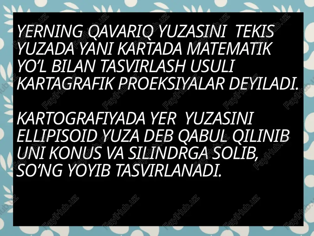 tuziladi. b) topografik kartalarni tuzishda ko’ndalang proeksiyalardan foydalaniladi. v) yer shari o’qi slindr o’qiga to’g’ri kelmasa qiyshiq slindrik proeksiya hosil bo’ladi. 5-rasm a) to’g’ri sillindrik proeksiya b) ko’ndalang sllindrik proesiya v) qiyshiq sillindirik proeksiya konusli proeksiyalar. konus o’qi bilan yer aylanish o’qining o’zaro joylashishiga qarab bu proeksiyalarham 3xil bo’ladi. a) to’g’ri konusli b) ko’ndalang konusli v) qiyshiq konusli a)konus o’qi yer o’qiga ustma-ust tushsa to’g’ri konusli proeksiya hosil bo’ladi. b) konusning o’qi yerning aylanish o’qiga tik perpendikulyar tushsa ko’ndalang konusli proeksiya hosil bo’ladi. v) konus o’qi yer o’qiga qiyshiq tushsa qiyshiq konusli proeksiya hosil bo’ladi. azimutal proeksiyalar. yer sharining qutbiy, ekvatorial, o’rta kengliklarini proeksiyaga tushirishda foydalaniladi. azimutal proeksiya ham uch xil bo’ladi. a) to’g’ri azimutal- qutblar uchun b) ko’ndalang azimutal-ekvator uchun v) qiyshiq azimutal-o’rta kengliklar uchun dunyo kartalarini tuzishda asosan slindrik vapsevdo slindrik proeksiyalardan foydalaniladi. o’zbekiston hududi viloyatlar iqtisodiy va tabiiy geografik rayonlar hamda boshqa mamlakatlarning ham kartalari to’g’ri konusli …
