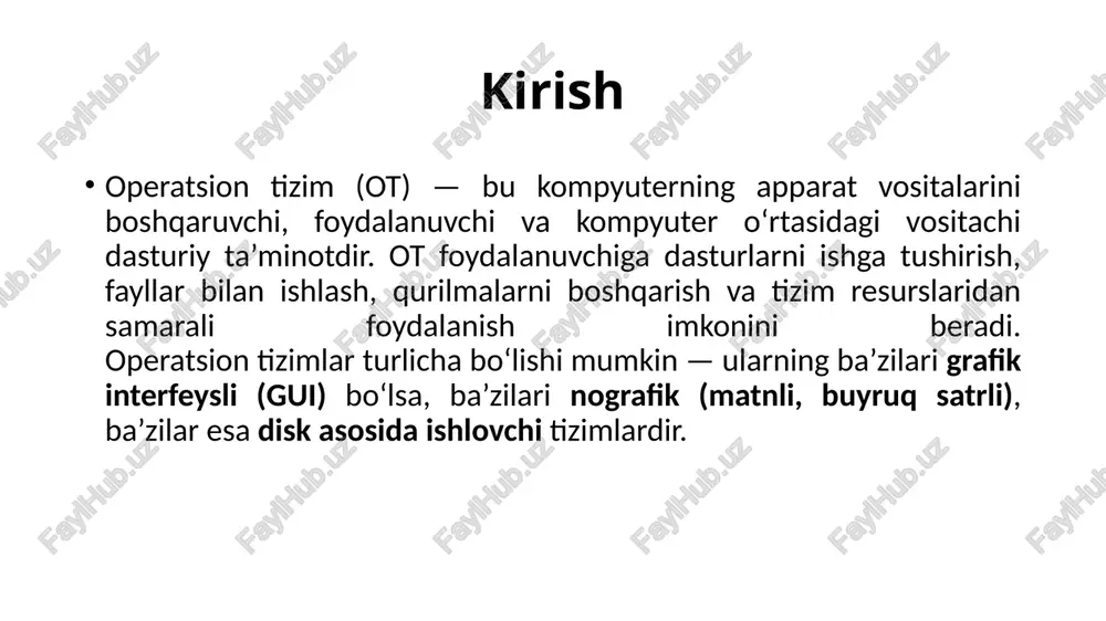 linux (cli holatida) freebsd, openbsd asosiy xususiyatlari: buyruq asosida ishlaydi, masalan: ls, cd, mkdir, rm, cat va boshqalar. ekranda faqat matnli ko‘rinish mavjud. ko‘plab buyruqlarni ketma-ket bajarish orqali murakkab ishlarni avtomatlashtirish mumkin. dasturlash va tizim boshqaruvi uchun qulay. afzalliklari: tez ishlaydi, resurslar kam sarflanadi. katta hajmdagi tizimlarni boshqarish uchun samarali. serverlarda keng qo‘llaniladi (chunki gui ortiqcha resurs talab qiladi). kamchiliklari: yangi foydalanuvchilar uchun murakkab. har bir buyruqni eslab qolish kerak. ko‘rkam interfeys yo‘qligi sababli ko‘p hollarda gui tizimlariga nisbatan noqulay. bugungi kunda ularning o‘rni hozirda nografik va diskli otlar kam qo‘llaniladi, ammo ular: server tizimlarida, tizim xavfsizligini ta’minlashda, dasturlash va test jarayonlarida haligacha muhim o‘rin tutadi. ko‘pgina zamonaviy tizimlarda (masalan, windows, linux, macos) grafik interfeys mavjud bo‘lsa ham, ularning ichki yadrosi va ko‘plab boshqaruv qismlari nografik buyruqlar asosida ishlaydi. xulosa diskli va nografik operatsion tizimlar kompyuter texnologiyalarining dastlabki bosqichlarida asosiy rol o‘ynagan. ular orqali foydalanuvchilar kompyuter bilan muloqot qilishni o‘rgangan …