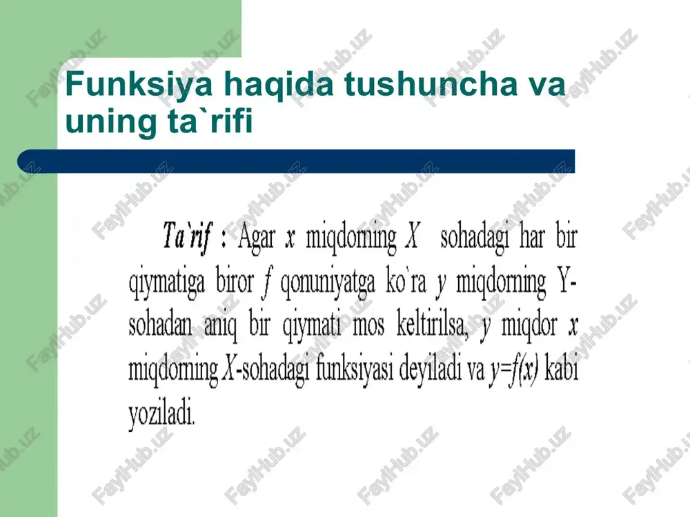 iladi. parametrik ko‘rinishda berilgan funksiyaning hosilasi image1.png image2.png image3.png image4.png image5.png image6.png image7.png image8.png image9.png image10.png image11.png image12.png image13.png image14.png image15.png funksiyaning ta’ rifi va berilish usullari. funksiyalar ustida arifmetk amallar. (ronbko utehne) - microsoft word tasca bra betaeka @opuat cepenc tsgnus okho cnpaska beeanre eonpoc x idshbigrifg 4saagio- sua fb) bt 100% - @) aisreme ogersrei + time » tinesnewroman © 20 + | 2k km be w-a 3 e cushy ee pst bao pot ttt al radiusi ortsa, yuzi ham ortadi, kamaysa kamayadi. xuddi shuningdek, kvadratning tomoni bilan yuzi orasida ham shunday bog'lanish bor. kvadratning yuzi uning tomoniga bog liq ravishda o' zgaradi. tarif : agar x miqdoming x sohadagi har bir qiymatiga biror f qonuniyatga ko‘ra y miqdorning y- sohadan aniq bir qiymati mos keltirilsa, y migdor x miqdoming x-sohadagi funksiyasi deyiladi va y=/(x) kabi yoziladi. bu holda x - argument yoki erkli o' zgaruvchi, y - …