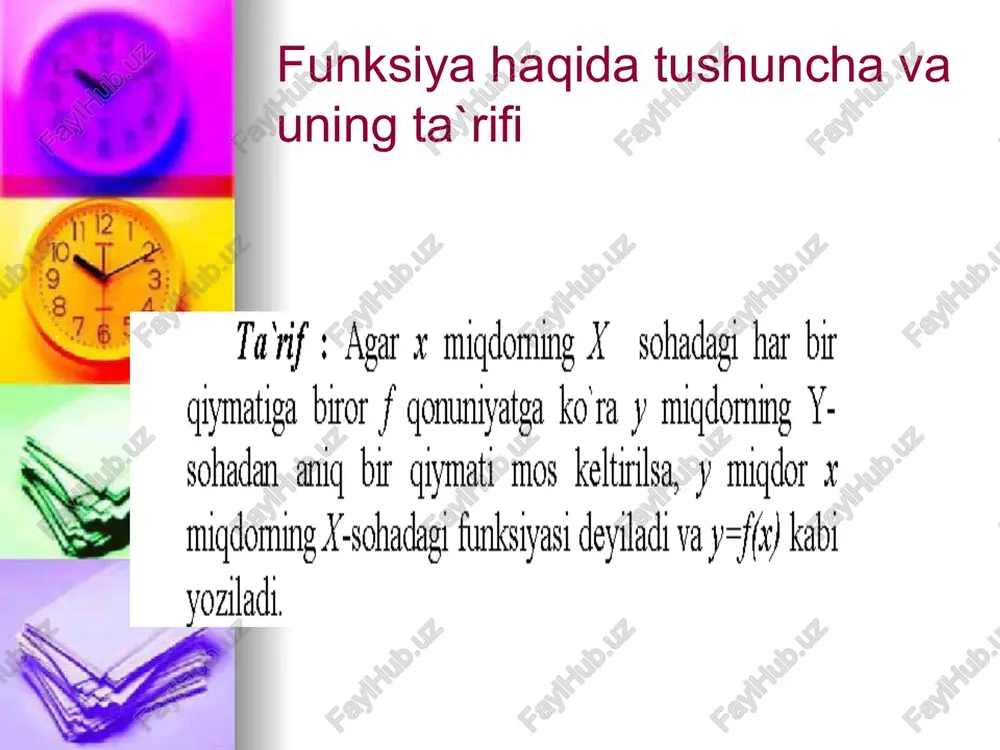 englamalari deyiladi. parametrik ko‘rinishda berilgan funksiyaning hosilasi image2.jpeg image3.png image4.png image5.png image6.png image7.png image8.png image9.png image10.png image11.png image12.png image13.png image14.png image1.jpeg funksiyaning ta’ rifi va berilish usullari. funksiyalar ustida arifmetk amallar. (ronbko utehne) - microsoft word tasca bra betaeka @opuat cepenc tsgnus okho cnpaska beeanre eonpoc x idshbigrifg 4saagio- sua fb) bt 100% - @) aisreme ogersrei + time » tinesnewroman © 20 + | 2k km be w-a 3 e cushy ee pst bao pot ttt al radiusi ortsa, yuzi ham ortadi, kamaysa kamayadi. xuddi shuningdek, kvadratning tomoni bilan yuzi orasida ham shunday bog'lanish bor. kvadratning yuzi uning tomoniga bog liq ravishda o' zgaradi. tarif : agar x miqdoming x sohadagi har bir qiymatiga biror f qonuniyatga ko‘ra y miqdorning y- sohadan aniq bir qiymati mos keltirilsa, y migdor x miqdoming x-sohadagi funksiyasi deyiladi va y=/(x) kabi yoziladi. bu holda x - argument yoki erkli o' zgaruvchi, y - …