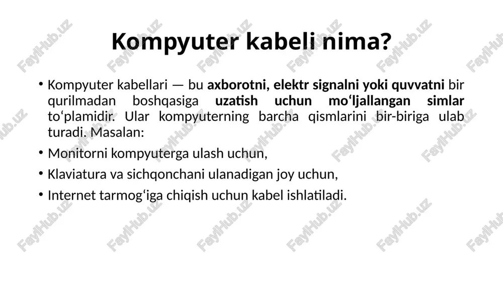 nadigan joy (port) mos bo‘lishi kerak. sifatli va qalin izolyatsiyaga ega bo‘lishi lozim. juda uzun kabel signalni sustlashtirishi mumkin. kabelga texnik xizmat ko‘rsatish qisilib qolmasligi kerak. eguvchi joylari bukilmasin. namlikdan saqlash zarur. qirqilib yoki sinib qolgan bo‘lsa, almashtirish kerak. xulosa kompyuter kabellari — axborot va energiyani uzatishda muhim vosita. har bir kabelning o‘z vazifasi bor. to‘g‘ri kabel tanlash va undan ehtiyotkorlik bilan foydalanish kompyuterning ishonchli ishlashini ta’minlaydi. image1.jpeg image2.jpeg image3.jpeg image4.jpeg image5.jpeg image6.jpeg image7.jpeg image8.jpeg image9.jpeg image10.jpeg image11.jpeg image12.jpeg image13.jpeg image14.jpeg image15.jpeg image16.jpeg image17.jpeg image18.jpeg image19.jpeg image20.jpeg image21.jpeg image22.jpeg 7 sss sssssss 1, beno-opatacau 2. opumacan, wii 4 com, widid 5s. beno-conit, wlald 6, seven oli 7. besoxcpuenu straight 8 kops /docprops/thumbnail.jpeg [mavzu:% kompyute kabel va uaring susan