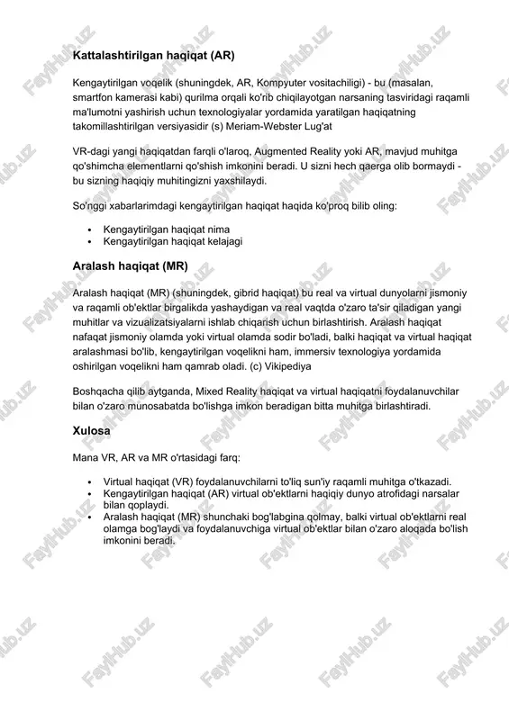 ko'rib chiqilayotgan narsaning tasviridagi raqamli ma'lumotni yashirish uchun texnologiyalar yordamida yaratilgan haqiqatning takomillashtirilgan versiyasidir (s) meriam-webster lug'at vr-dagi yangi haqiqatdan farqli o'laroq, augmented reality yoki ar, mavjud muhitga qo'shimcha elementlarni qo'shish imkonini beradi. u sizni hech qaerga olib bormaydi - bu sizning haqiqiy muhitingizni yaxshilaydi. so'nggi xabarlarimdagi kengaytirilgan haqiqat haqida ko'proq bilib oling: · kengaytirilgan haqiqat nima · kengaytirilgan haqiqat kelajagi aralash haqiqat (mr) aralash haqiqat (mr) (shuningdek, gibrid haqiqat) bu real va virtual dunyolarni jismoniy va raqamli ob'ektlar birgalikda yashaydigan va real vaqtda o'zaro ta'sir qiladigan yangi muhitlar va vizualizatsiyalarni ishlab chiqarish uchun birlashtirish. aralash haqiqat nafaqat jismoniy olamda yoki virtual olamda sodir bo'ladi, balki haqiqat va virtual haqiqat aralashmasi bo'lib, kengaytirilgan voqelikni ham, immersiv texnologiya yordamida oshirilgan voqelikni ham qamrab oladi. (c) vikipediya boshqacha qilib aytganda, mixed reality haqiqat va virtual haqiqatni foydalanuvchilar bilan o'zaro munosabatda bo'lishga imkon beradigan bitta muhitga birlashtiradi. xulosa mana vr, ar va mr …
