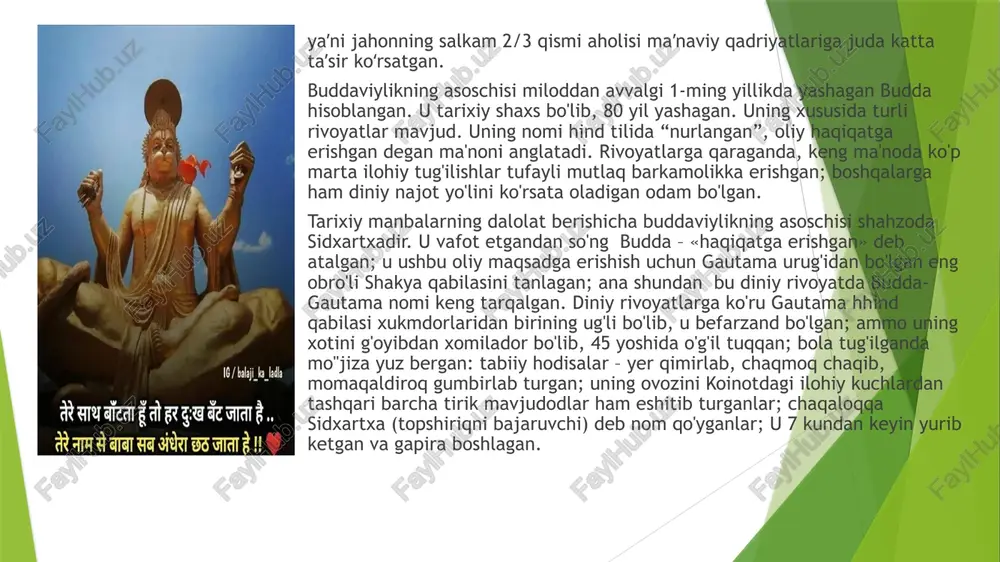 gautama hhind qabilasi xukmdorlaridan birining ug'li bo'lib, u befarzand bo'lgan; ammo uning xotini g'oyibdan xomilador bo'lib, 45 yoshida o'g'il tuqqan; bola tug'ilganda mo''jiza yuz bergan: tabiiy hodisalar – yer qimirlab, chaqmoq chaqib, momaqaldiroq gumbirlab turgan; uning ovozini koinotdagi ilohiy kuchlardan tashqari barcha tirik mavjudodlar ham eshitib turganlar; chaqaloqqa sidxartxa (topshiriqni bajaruvchi) deb nom qo'yganlar; u 7 kundan keyin yurib ketgan va gapira boshlagan. sidxartxaning otasi o'g'lini din yo`liga bag'ishlashga rozi bo'lmay, unga yaxshi ma'lumot bergan hamda yaxshi sharoitlarda tarbiyalagan va u hech qanday qiyinchilik ko'rmay o'sgan; o'spirinligidayoq o'zining donoligi, kuchliligi va epchilligi bilan hammani hayratga solar ekan. u bir cholga duch kelgan, kasal yotgan kishini, o'likni ko'rgandan so'ng hayotning mohiyati, maqsadi, og'irliklari, kasallik va o'lim haqida o'ylay boshlagan. binobarin, hayotning behudaligini anglab, tarki dunyo qilgan, darvesh yo'liga kirgan; bu bilan u kishilar boshiga tushadigan kulfatlar, azob-uqubatlar sabablarining mohiyatiga tezroq yetib, ulardan qutulish yo'lini topmoqchi bo'lgan. nihoyat, 36 yoshida «haqiqiy bilim»ni …