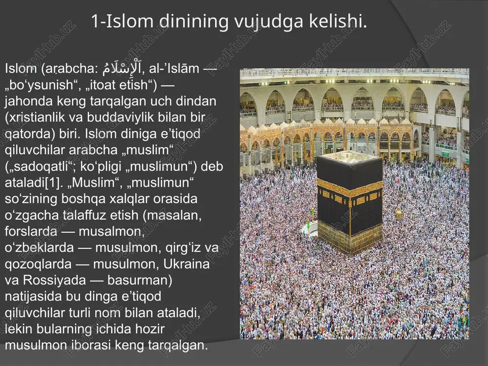aqdagi ,, vahiy ” ning kelishi muhammadga, 40 yoshida (milodiy 610-yil) vahiy (ilohiy koʻrsatma) kelishni boshladi, biroqbir necha nufuzli yaqin qarindoshlarini hisobga olmaganda, makkaning koʻpchilik aholisi, ayniqsa, quraysh qabilasining zodagonlari uning targʻibotlariga ochiqdan-ochiq qarshi chiqdilar. muhammadni yolgʻonchiga chiqarib juda katta zulm koʻrsatildi. dastlab bir guruh musulmonlar habashistonga hijrat qilishdi, yasribdagi banu avs va banu hazraj qabilalarining vakillari 622-yilda musulmon jamoasini oʻziga qabul qilish, muhammadni paygʻambar va allohni yagona deb tan olishdi. hijrat nomini olgan bu voqea islom tarixida burilish yasadi. koʻchib oʻtgan kishilar muhojirlar (koʻchib kelganlar), madinada islomni qabul qilganlar ansorlar (tarafdorlar) deb ataldilar 3).musulmonlarning ,, bayramlari “. islomiy bayramlar islom dinidagi bayramlar (xursandchilik kunlari) boʻlib, ikkita asosiy bayramdan iborat – iyd al-fitr va iyd al-adha. bayramlarning nishonlanishi xalqlar va madaniyatlarga qarab, shuningdek, islom sektalari (sunniylar shialar)ga koʻra turlicha boʻlishi mumkin. musulmon bayramlari qamariy taqvimga asoslangan boʻlib, shamsiy taqvimga nisbatan har yili surilib boradi. islom taqvimida 12 oy va 354-355 …