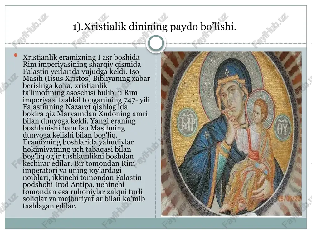 i tadqiq etilganda shu narsa tasdiqlandiki, ular qariyb ming yil davomida xilma-xil joylarda yaratilgan. bibliya eng qadimgi adabiy yodgorliklardan biri boʻlib, diniy pand-nasihatlar, aqidalar, bashoratlar, duolar, solnomalar, masallar, ishqiy va falsafiy dostonlar, hikoyat, rivoyat va maktublardan iborat. bibliyada, bir yoqdan, odamzodning gunohkor boʻlib xudo tomonidan rad etilishi, abadiy halokatga mahkum qilinishi toʻgʻrisida ran ketsa, ikkinchi yoqdan, xudo insonni qutqarish uchun qanday rejalar tuzgani haqida hikoya qilinadi. bibliya ikki asosiy qismga – qadimgi ahd va yangi ahdga boʻlinadi. „ahd“ soʻzi xudoning insonlar bilan maxsus aloqasini ifodalaydi. qadimgi ahd yahudiylikda ham, xristianlikda ham muqaddas sanaladigan va eng qadimgi davrlarda yaratilgan diniy adabiyotlardan,iborat. yangi ahd – bibliyaning bir qismi. qadimgi ahddan farqli ravishda faqat xristianlikda eʼtirof etiladi. 4 injil va boshqalar muqaddas yozuvlar toʻplamidan iborat. yunon tilida yozilgan. unda iso masihning yerdagi hayoti, u chekkan azob-uqubatlar, koʻrsatgan moʻʼjizalari, tirilishi va boshqalar haqidagi rivoyatlar, pand-nasihatlar bor. 3).eski ahd yangi ahd. 4).xristianlikning ta’limoti. xudoning mujassamlanishi …