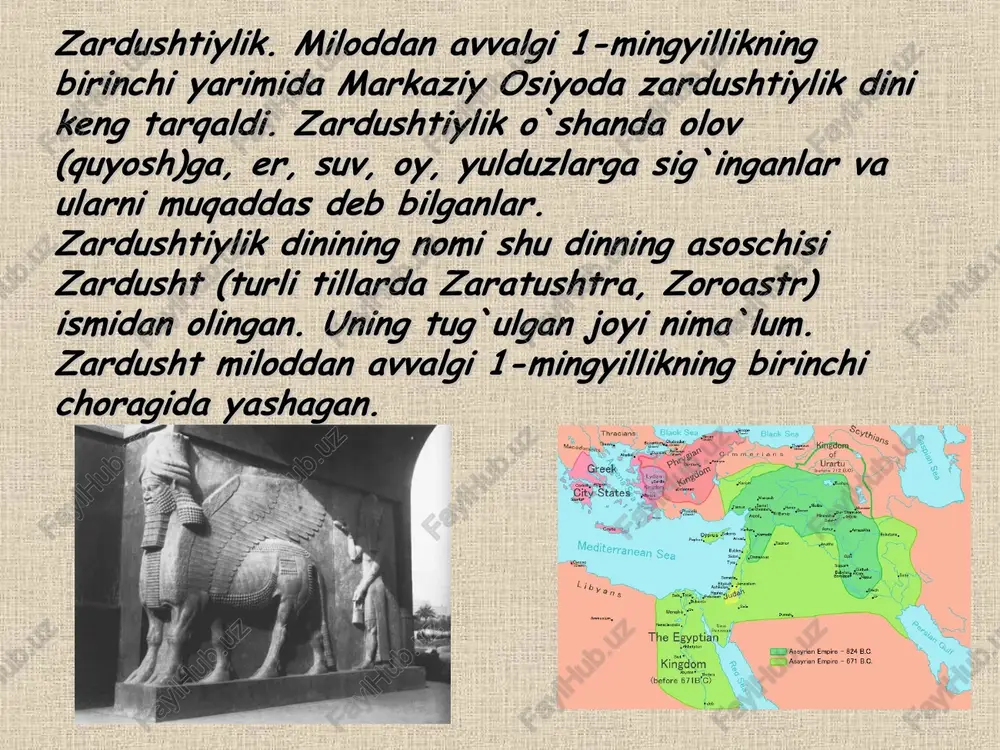 maxsus idish "ossuariy"-"suyakdon, ostadon" larda saqlanganlar. ular nous deb ataluvchi maxsus binolarga qo`yiladi. zardushtiylik dini diniy marosimlar ibodatxonalar, ochiq maydonlar va dindorlarning uylarida o'tkazilgan. zardushtiylik vujudga kelgan dastlabki davrlarda ommaviy diniy marosimlar ochiq maydonlarda va dindorlarning uylarida o'tkazilgan. dastlab ibodatxonalarning qurilishi ahmoniylar imperiyasi davridan boshlangan. ibodatxonalar «olov uylari» deb atalgan. ularning rejasi bir xil bo'lib, tosh yoki paxsadan qurilgan. binoning ichki va tashqi qismidagi devorlari suvoqlangan. binolarda qimmatbaho bezaklarning yo'qligi sababli ko'rinishi boshqa jamoat binolaridan deyarli farqlanmagan. ibodatxonaning markazida doimo olov yonib turadigan hujra bo'lgan. ahmoniylar davrigacha zardushtiylikda xudolarning tasviri aks ettirilmagan. zardushtiylik ayollarning erkaklar bilan teng huquqligini mustahkamlagan. zardushtiylikka e'tiqod qiluvchilar juda ko'p diniy marosimlarni bajarishgan. diniy marosimlarga esa kohinlar rahbarlik qilgan. marosimlarning ko'pligi kohinlarning moddiy jihatdan muhtojlikni bilmay yashashlariga imkon bergan. kohinlarning jamiyatdagi mavqei juda baland bo'lib, ular alohida tabaqani tashkil etgan. shuning uchun kohinlik otadan farzandga meros bo'lib o'tgan. kohin o'z farzandini yoshligidan bo'lg'usi kasbga tayyorlab borsa-da, …