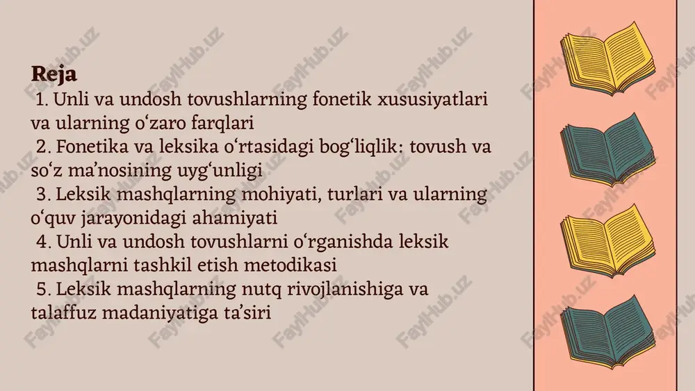 mashqlar — bu o‘quvchilarning so‘z zahirasini kengaytirish, tovushni anglash, talaffuzni mustahkamlash va so‘zlarni ma’noli ishlatishga qaratilgan mashqlar tizimidir. unli va undosh tovushlarni o‘rganishda leksik mashqlar: • fonematik eshituvni rivojlantiradi; • tovush–harf–so‘z munosabatini mustahkamlaydi; • so‘z yasash va ma’nosini farqlash malakasini hosil qiladi; • so‘z talaffuzi va imlosini o‘rgatadi. fonetiko-leksik integratsiyaning nazariy asoslari a) fonetika va leksikaning o‘zaro bog‘liqligi fonetika tovushning fizik-akustik va artikulyatsion xususiyatlarini, leksika esa so‘zning semantik qiymatini o‘rganadi. shu bois leksik mashqlar tovushni ma’noli birlik sifatida mustahkamlaydi. masalan: • “o” unlisini o‘rganishda olma, oq, oy, o‘rik kabi so‘zlar yordamida fonetik idrok + semantik anglash bir vaqtda rivojlanadi. • “s” undoshi orqali suv, soat, sabzavot, sinf kabi so‘zlar semantik maydonda guruhlanadi. b) fonematik eshituvning rivoji psixolingvist tadqiqotlarda (l. vygotskiy, j. piaget) aytilishicha, bolaning tovushni to‘g‘ri ajratish qobiliyati uning semantik differensiasiya darajasiga bog‘liq. ya’ni bola “o” va “u” ni farqlay olmaguncha, olma va ulma kabi so‘zlarni ham ma’no jihatidan ajrata …