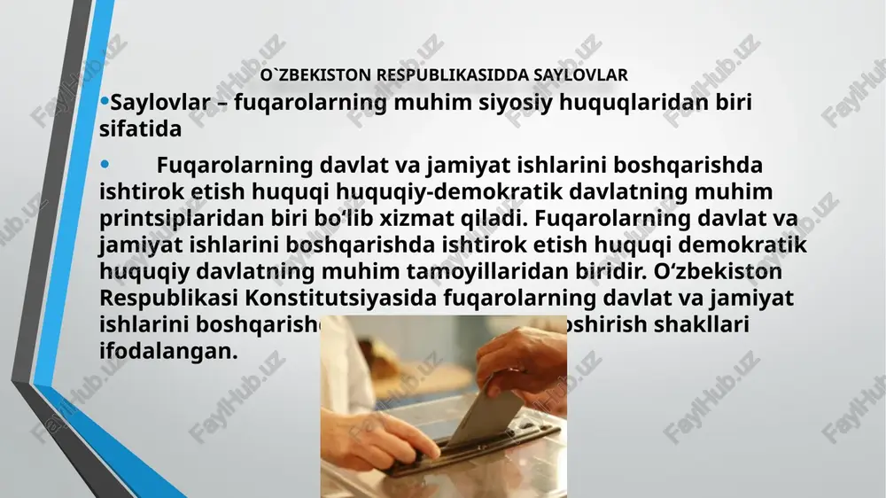 m siyosiy huquqlaridan biri bo`lib, u fuqarolarga nafaqat vakillik organlarini tashkil etish, balki bunday organlarga o`z vakillarini yuborish imkoniyatini ham beradi. fuqarolar tomonidan saylov huquqlarining to`siqsiz amalga oshirilish ularning davlat boshqaruvida ishtirokining eng muhim shakllaridan biri hisoblanadi. o`zbekiston respublikasi davlat vakillik organlariga saylovlar o`zbekiston respublikasining konstitutsiyasi, "o`zbekiston respublikasi oliy majlisiga saylov to`g`risida"gi, "o`zbekiston respublikasi prezidenti saylovi to`g`risida"gi, "xalq deputatlari viloyat, tuman va shahar kengashlariga saylov to`g`risida"gi va "o`zbekiston respublikasi markaziy saylov komissiyasi to`g`risida"gi qonunlar asosida tashkil qilinadi va o`tkaziladi. davlatdagi eng muhim masalalarning fuqarolar xohish-irodasi bilan hal etilishi demokratiyaning yaqqol namoyon bo`lishidir. davlat hokimiyatini shakllantirishda saylovlar va demokratik tamoyillar muhim ahamiyatga ega. o`zbekistonda eng muhim masalalarning asosan referendum yo`li bilan hal etilishi bevosita demokratiya namunasidir. shuni ham ta'kidlab o`tish kerakki, o`zbekistonda barcha davlat organlarini demokratik asoslarda tuzish tartibi va chinakam xalqchilligi bilan ham ajralib turadi. xalqchillik shu narsada o`z ifodasini topadiki, butun davlat apparatining negizini tashkil etgan davlat organlari uning …