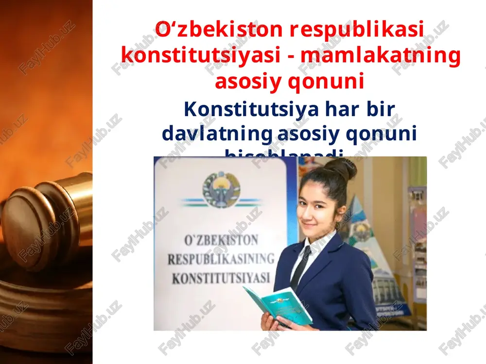 ‘zaro munosabatlar me’yorlari huquqda qanday aks ettiriladi va mustahkamlanadi? 4. nima uchun huquq insonni o‘z erkinliklarini cheklashga majburlaydi? 5. «huquqiy davlat» tushunchasiga ta’rif bering. image1.jpg image2.gif image3.jpeg image4.jpeg image5.jpeg image6.jpeg image7.jpeg image8.jpeg image9.jpeg image10.jpeg image11.jpeg image12.png image13.jpeg @_ o'zbekiston respublikasin konstitutsiyasi /docprops/thumbnail.jpeg 5. i a? a