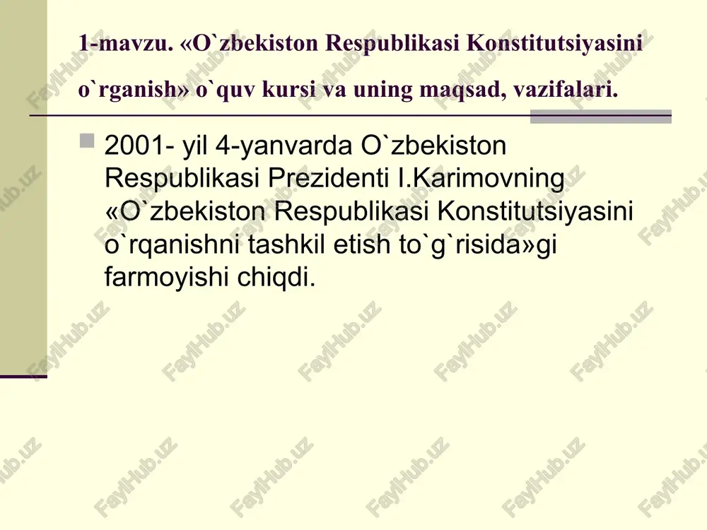 h jarayoni. bu jarayon quyidagi bosqichlardan iborat. konstitutsiya loyihasini tayyorlovchi komissiya tuzish. ishchi guruhlar tashkil qilish. loyihani tayyorlash. loyihani umumhalq muhokamasiga qo`yish. umumxalq muhokamalari natijalarini e`tiborga olish. parlament qo`mita va kommissiyalarida muhokama qilish. parlament sessiyasida loyihani muhokama qilish. konstitutsiyani qabul qilish, e`lon qilish va kuchga kiritish. «xalq hokimiyatchiligi» atamasi yunoncha «demokratiya» so`zining o`zbek tiliga tarjimasi bo`lib, bu ibora ilk bora yunon shahar - davlatida paydo bo`lgan va keyinchalik butun dunyoga tarqalgan hamda siyosiy lug`atdan mustahkam o`rin olgan. demokratiya so`zi «demos» xalq va «kratos» hokimiyat so`zlarining birikmasidan tuzilib, «xalq hokimiyatchiligi» deganidir. o`zbekiston respublikasi prezidenti i.a.karimov demokratiya tushunchasini quyidagicha izohlaydi: «umumiy tarzda demokratiya deganda hammaning manfaatlari yo`lida ko`pchilikning hokimiyati va ozchilikning irodasini hurmat qilish tushuniladi. batafsil tahlil qilinganda esa demokratiya -xalqning o`z erkinligi va mustaqilligiga qarashlari ham, har bir shaxsning manfaatlari va huquqlarini o`zboshimchalik bilan cheklashlar va shu yo`sindagi harakatlardan himoya qilish ham, fuqarolarning o`z o`zini boshqarish shakli ham ekanligi ayon bo`ladi». …