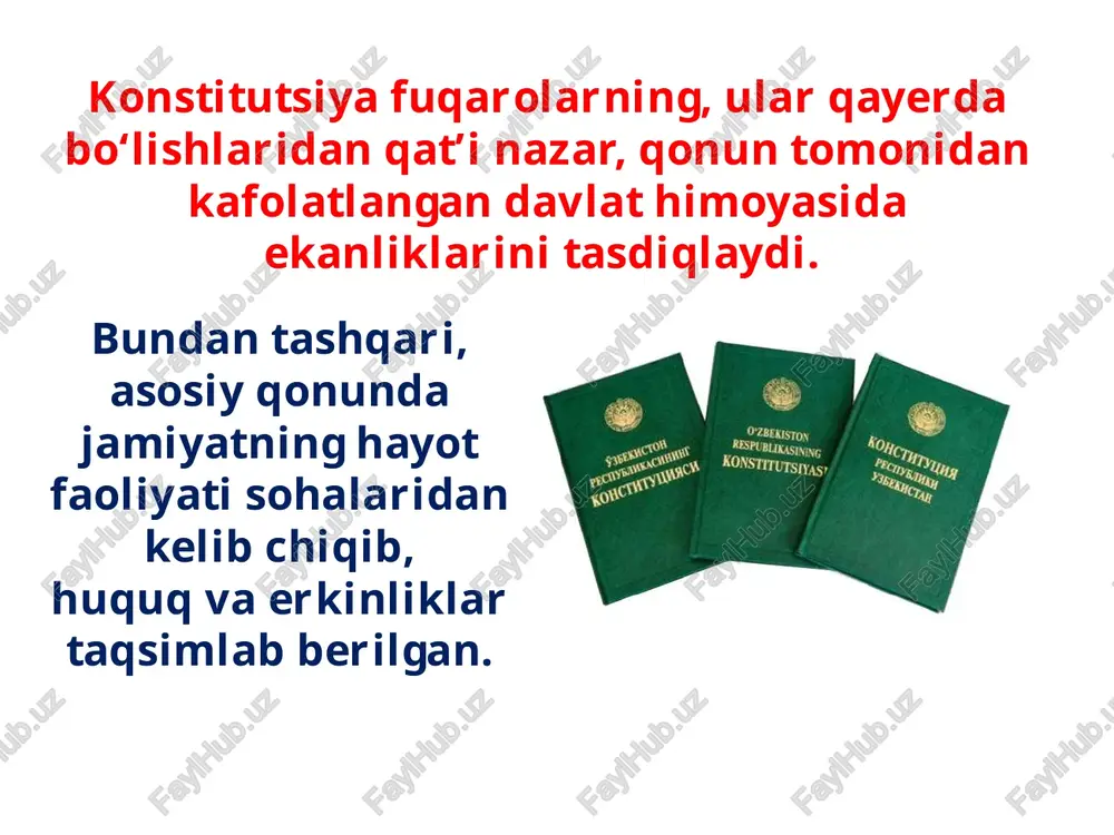 ok etishidir. xalq davlat hokimiyatining birdan bir manbayidir. o‘zbekiston respublikasida davlat hokimiyati xalq manfaatlarini ko‘zlab va o‘zbekiston respublikasi konstitutsiyasi hamda uning asosida qabul qilingan qonunlar vakolat bergan idoralar tomonidangina amalga oshiriladi. konstitutsiyada nazarda tutilmagan tartibda davlat hokimiyati vakolatlarini o‘zlashtirish, hokimiyat idoralari faoliyatini to‘xtatib qo‘yish yoki tugatish, hokimiyatning yangi va muvoziy tarkiblarini tuzish konstitutsiyaga xilof hisoblanadi va qonunga binoan javobgarlikka tortishga asos bo‘ladi. o‘zbekiston respublikasi konstitutsiyasi, 7-modda fuqarolarning siyosiy huquqlari fuqarolarning huquqlari va erkinliklari tizimida siyosiy huquqlar alohida o‘rin egallaydi, chunki bu huquqlar fuqarolarning davlatni va jamiyat ishlarini boshqarishidagi ishtiroki bilan bog‘liqdir. siyosiy huquq va erkinliklar deyilganda insonlarning bevosita siyosiy manfaatlariga tegishli huquqlar tushuniladi. siyosiy huquqlar shaxsning siyosiy jarayon va davlat hokimiyatini amalga oshirishda ishtirok etish imkoniyatlarini ifodalaydi. fuqarolarning konstitutsiyaviy burch va majburiyatlari o‘zbekiston respublikasi konstitutsiyasi nafaqat fuqarolarning asosiy huquqlari va erkinliklarini, balki ularning majburiyatlarini ham belgilaydi. ijtimoiy hayot shunday tuzilganki, inson mutlaq erkinlikdan foydalana olmaydi. savol va topshiriqlar: 1. «davlatda …