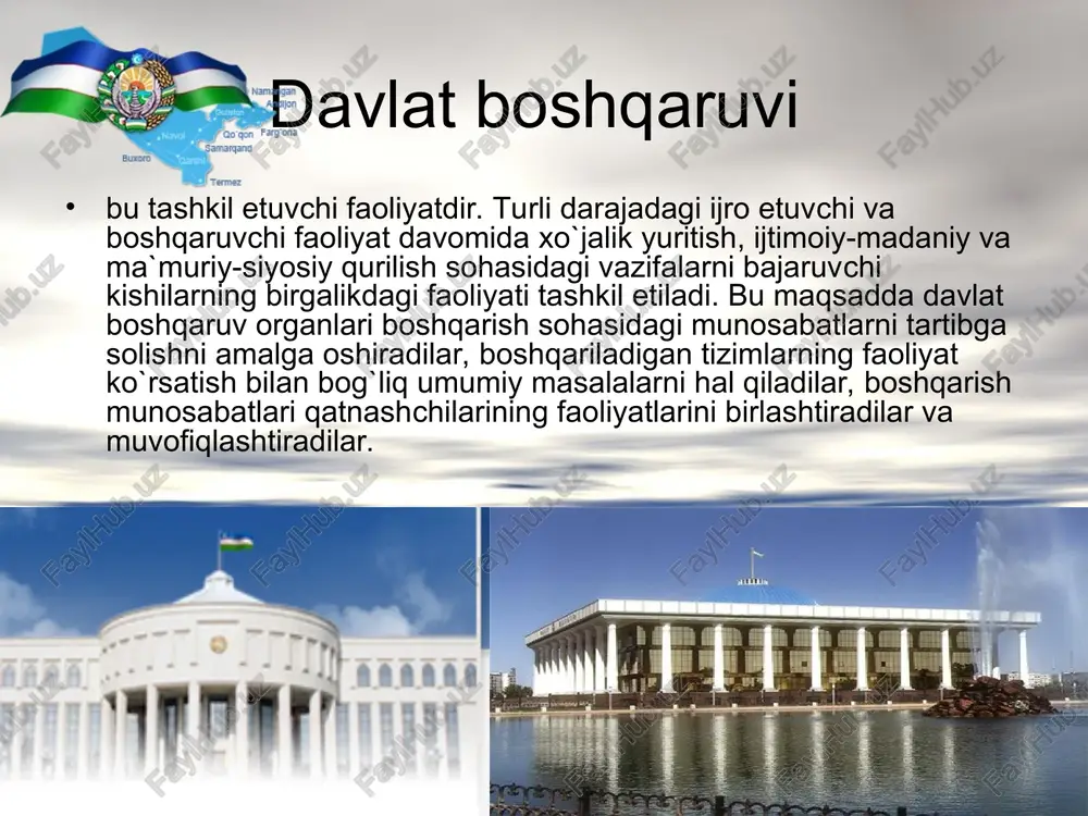 tini tashkil etish asoslarini, fuqarolarning asosiy huquq va majburiyatlarini belgilovchi o`zbekiston respublikasi konstitutsiyasi bosh manba hisoblanadi. 2. ma`muriy-huquqiy me`yorlarni o`zida aks ettirgan qonunlar. 3. o`zbekiston respublikasi prezidentining ma`muriy boshqarish predmetiga taalluqli farmonlari. 4. o`zbekiston respublikasi hukumatining davlat boshqaruvi masalalariga doir qarorlari. 5. o`zbekiston respublikasining qonunlar majmualari, ya`ni o`zbekiston respublikasining ma`muriy javobgarlik to`g`risidagi kodeksi, soliq kodeksi, bojxona kodeksi. 6. vazirliklar va idoralarning buyruq va qarorlari. 7. mahalliy boshqaruv organlarining farmoyish va qarorlari. 8. davlat korhonalari, muassasalari va tashkilotlari mansabdor shaxslarning boshqaruv hujjatlari (buyruq, yozma va og`zaki ko`rinishdagi farmoyish). ma`muriy huquqning asosiy tamoyillari: 1. qonuniylik, adolat. 2. davlat boshqaruvida fuqarolarning ishtiroki. 3. fuqarolarning tengligi, erkinligi. 4. davlat boshqaruvida sohaviylik va hududiylikni hisobga olish. 5. vakolat doirasida javobgarlik. 6. davlat boshqaruvida jamoaviylik. ma`muriy-huquqiy munosabatlar-bu ma`muriy huquq normalariga asoslangan munosabatlardir. ularning mazmuni sub`yektlarning huquq va majburiyatlari hisoblanadi. 1. agar fuqarolardan biri ikkinchisiga nisbatan huquqli vakolatga ega bo`lmasa, ular o`rtasida ma`muriy munosabatlar vujudga kelishi mumkin …