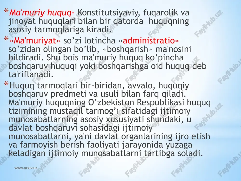 lari. joylardagi hokimyat idoralari qarorlari www.arxiv.uz ma'muriy javobgarlik — ijro etuvchi va sud hokimiyatining maxsus vakolatli organlari va mansabdor shaxslari aybdorga belgilaydigan ma'muriy jazolar tizimi. ma'muriy javobgarlikni qo’llash uchun asos vazifasini ma'muriy huquqbuzarlik bajaradi.ma’muriy_huquqbuzarlik deb jamoat yoki davlat tartibiga, davlatning yoki shaxsning mulkiga, fuqarolarning huquq va erkinliklariga tajovuz qiladigan hamda sodir etilgani uchun qonunda ma'muriy javobgarlik nazarda tutilgan g’ayriqonuniy, aybli (qasddan yoki ehtiyotsizlik orqasida sodir etilgan) harakat yoki harakatsizlikka aytiladi.ma'muriy huquqbuzarliklar, xuddi jinoyatlar kabi, jamiyat uchun xavflidir, ulardan faqat ushbu xavf darajasi bilangina farq qiladi. ma'muriy huquqbuzarlik "sodir etilgan paytga kelib 16 yoshga to’lgan shaxslar ma'muriy javobgarlik subyektlari boiishi mumkin. www.arxiv.uz ma'muriy huquqbuzarlik deganda, qonun hujjatlariga binoan, ma'muriy huquqbuzarlikka tortish nazarda tutilgan, shaxsga, fuqarolarning huquq va erkinliklariga, mulkchilikka, davlat va jamoat tartibiga tajovuz qiluvchi, g’ayriqonuniy, aybli (qasddan yoki ehtiyotsizlik orqasida) sodir etilgan harakat yoki harakatsizlik tushuniladi. ma'muriy huquqbuzarliklar jinoyatlardan ushbu xavf darajasi bilangina farq qiladi. ma'muriy huquqbuzarlikning asosiy belgilari quyidagilardir: …