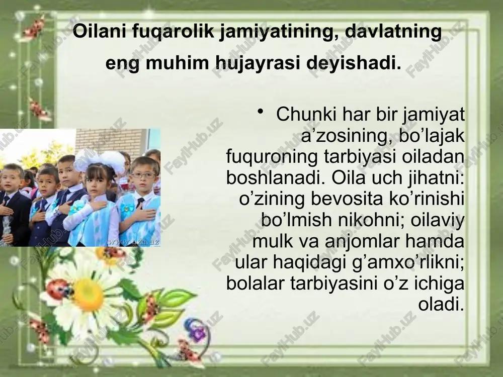 ohda u ikkinchi darajali mavqe egalaydi. oilaning yana bir jihati – uning o’z mulkiga egaligi. . agar nikoh oilaning botiniy ko’rinishi bo’lsa, oilaviy mulkni uning tashqi ko’rinishi deyish mumkin. oilaning mavjud bo’lishi uchun ishlab topiladigan mablag’ ham zarur. oila uchun topiladigan ana shu mablag’, shubhasiz axloqiy tabiatga ega: oila boshlig’i oila a’zolarini halol edirib-ichirishi, kiydirishi lozim. . oilani erkak kishi boshqaradi. u nafaqat «topib keladi», balki oilaviy mulkka xo’jayinchilik qilish, uni taqsimlash huquqiga ham ega. oilada bolaning ahamiyati nihoyatda katta. ota bolada o’z jufti halolini, ona esa sevimli erini ko’radi: bolada er xotinning muhabbati predmetlashadi, jonlanadi. bola – oilani tutib turuvchi jonli muhabbat. bolalar oilada umumiy oilaviy mulk hisobiga eb-ichadilar, tarbiya oladilar. diniy tarbiya diniy tarbiya - bu asosida allohni tanish, olamdagi narsa va hodisalar o'rtasidagi uyg'un hamda mushtarak bog'liqlikka imon keltirish, insofli va diyonatli bo'lish, birovning haqidan qo'rqish, haromni haloldan ajrata olish, umuman olganda, kishilarni har tomonlama ma'naviy jihatdan …