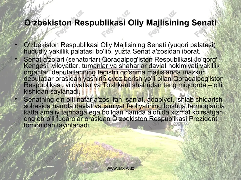 ri zaruratga qarab, lekin yiliga kamida uch marta o'tkaziladi. senat va qasamyod qilganda, o‘zbekiston respublikasi prezidenti mamlakat ijtimoiy-iqtisodiy hayotining, ichki va tashqi siyosatining muhim masalalari yuzasidan nutq so'zlaganda, chet davlatlarning rahbarlari nutq so'zlaganda o'tkaziladi. palatalarning kelishuviga muvofiq qo'shma majlislar boshqa masalalar yuzasidan ham o'tkazilishi mumkin. senat raisi senat tarkib topganidan keyingi birinchi majlisda o‘zbekiston respublikasi prezidentining taqdimiga binoan senat a'zolari orasidan yashirin ovoz berish orqali senatorlar umumiy sonining ko'pchilik ovozi bilan senat vakolati muddatiga saylanadi. senat raisining o'rinbosarlari senat a'zolari orasidan yashirin ovoz berish orqali senatorlar umumiy sonining ko'pchilik ovozi bilan senat vakolati muddatiga saylanadi. senat raisining o'rinbosarligiga nomzodlar ko'rsatish va saylash tartibi senat reglamentida belgilanadi. senat faoliyatini samarali tashkil etish, palata qo'mitalari ishini muvofiqlashtirib borish, kun tartibi yuzasidan takliflar tayyorlash, qonunlarni dastlabki tarzda ko'rib chiqishni tashkil etish maqsadida senat kengashi tuziladi. www.arxiv.uz www.arxiv.uz senat kengashi palata majlislari oralig'ida zaruratga qarab to'planadi. senat faoliyati masalalarni birgalikda va erkin muhokama qilishga, …