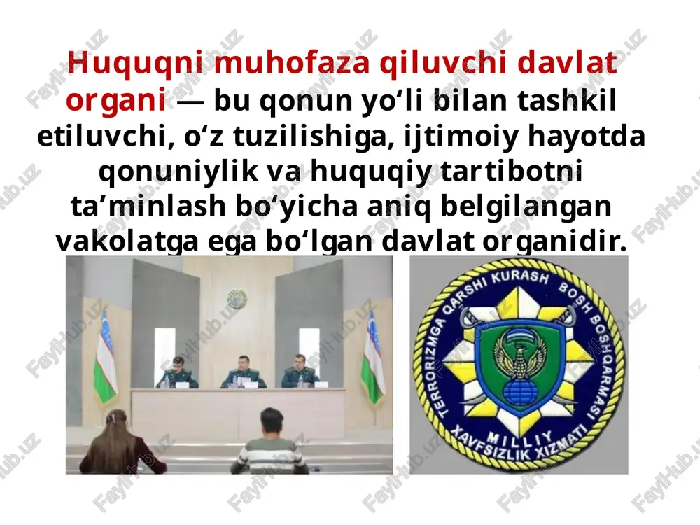. prokuratura organlarini tashkil etish, ularning faoliyat yuritish tartibi va vakolatlari o‘zbekiston respublikasining konstitutsiyasi, “prokuratura to‘g‘risida”gi qonuni asosida belgilanadi. o‘zbekiston respublikasi davlat soliq qo‘mitasi davlat boshqaruvi organi bo‘lib, soliq sohasidagi qonun xujjatlariga rioya qilinishini, davlatning iqtisodiy manfaatlari va mulkiy huquqlari himoyasini ta’minlash bo‘yicha nazoratni yo‘lga qo‘yish uning asosiy faoliyat maqsadlaridandir. davlat soliq qo‘mitasining asosiy vazifalari quyidagilardir: - soliq solinadigan bazani kengaytirish, soliqlarning yig‘iluvchanligini oshirish, soliq sohasidagi huquqbuzarliklarga qarshi kurashish bo‘yicha chora-tadbirlarni amalga oshirish. -soliq sohasida davlat siyosatini amalga oshirish; - soliqlarning to‘g‘ri va o‘z vaqtida hisoblanishi, to‘lanishi va davlat budjeti hamda davlat maqsadli jamg‘armalariga tushishini ta’minlash; - soliq solish obyektlari va subyektlarining to‘liq va aniq hisobini yuritish; bojxona organlari o‘z faoliyatini o‘zbekiston respublikasining konstitutsiyasi, “davlat bojxona xizmati to‘g‘risida”gi qonuniga, boshqa qonun hujjatlariga va xalqaro shartnomalarga amal qilgan holda yuritadilar. bojxona organlarining asosiy vazifalaridan bojxona haqidagi qonun hujjatlariga rioya etilishini nazorat qilish, bojxona to‘lovlarini undirish, bojxona sohasidagi huquqbuzarliklarning oldini olish, aniqlash …
